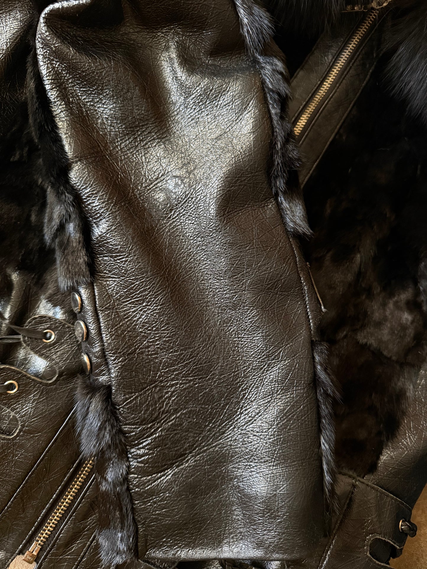 Vintage Leather & Real Fur Lace-Up Jacket TWINKLING GLOBAL