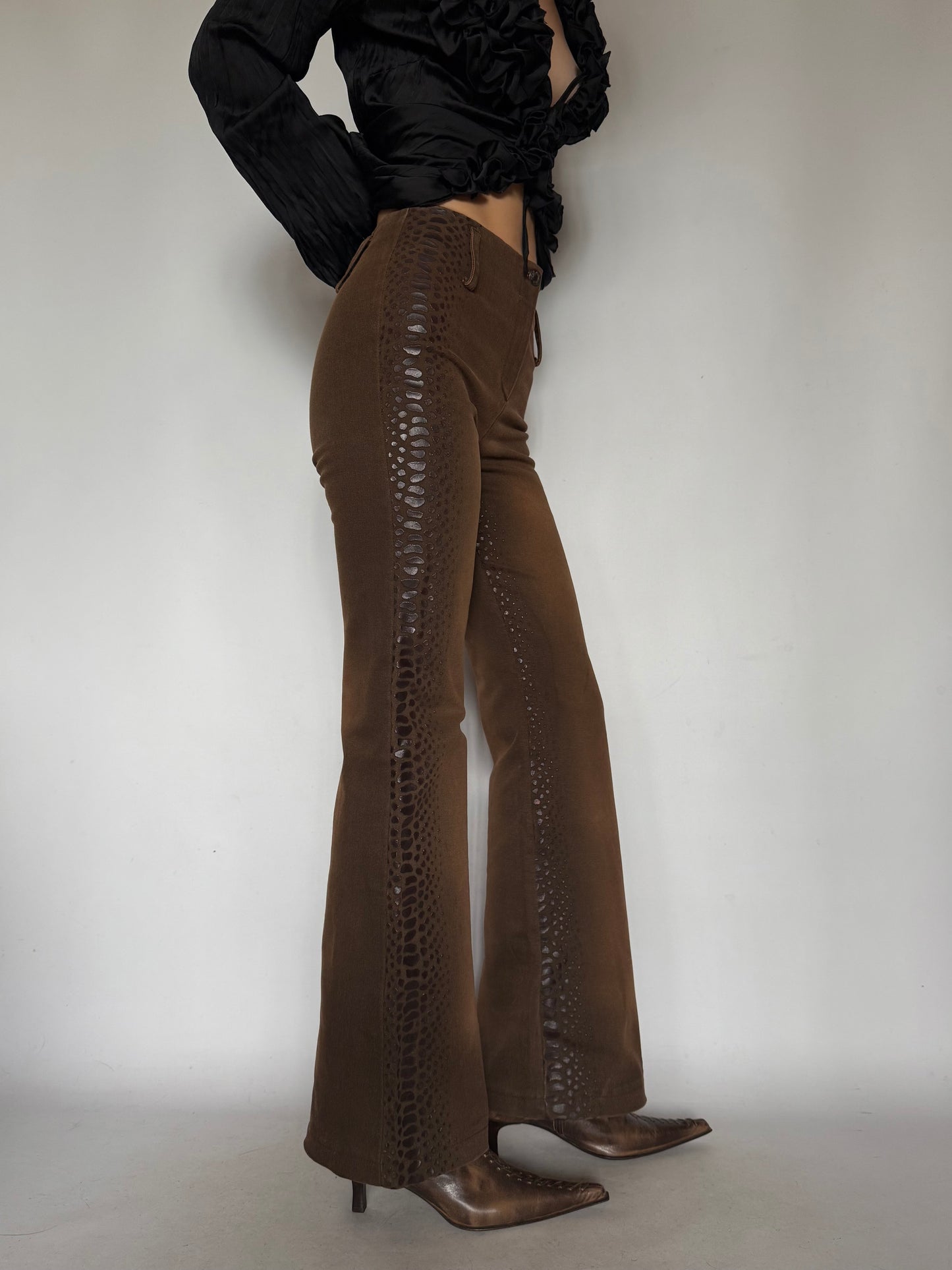 Vintage Brown Snake-Effect Flare Pants Twinkling Global