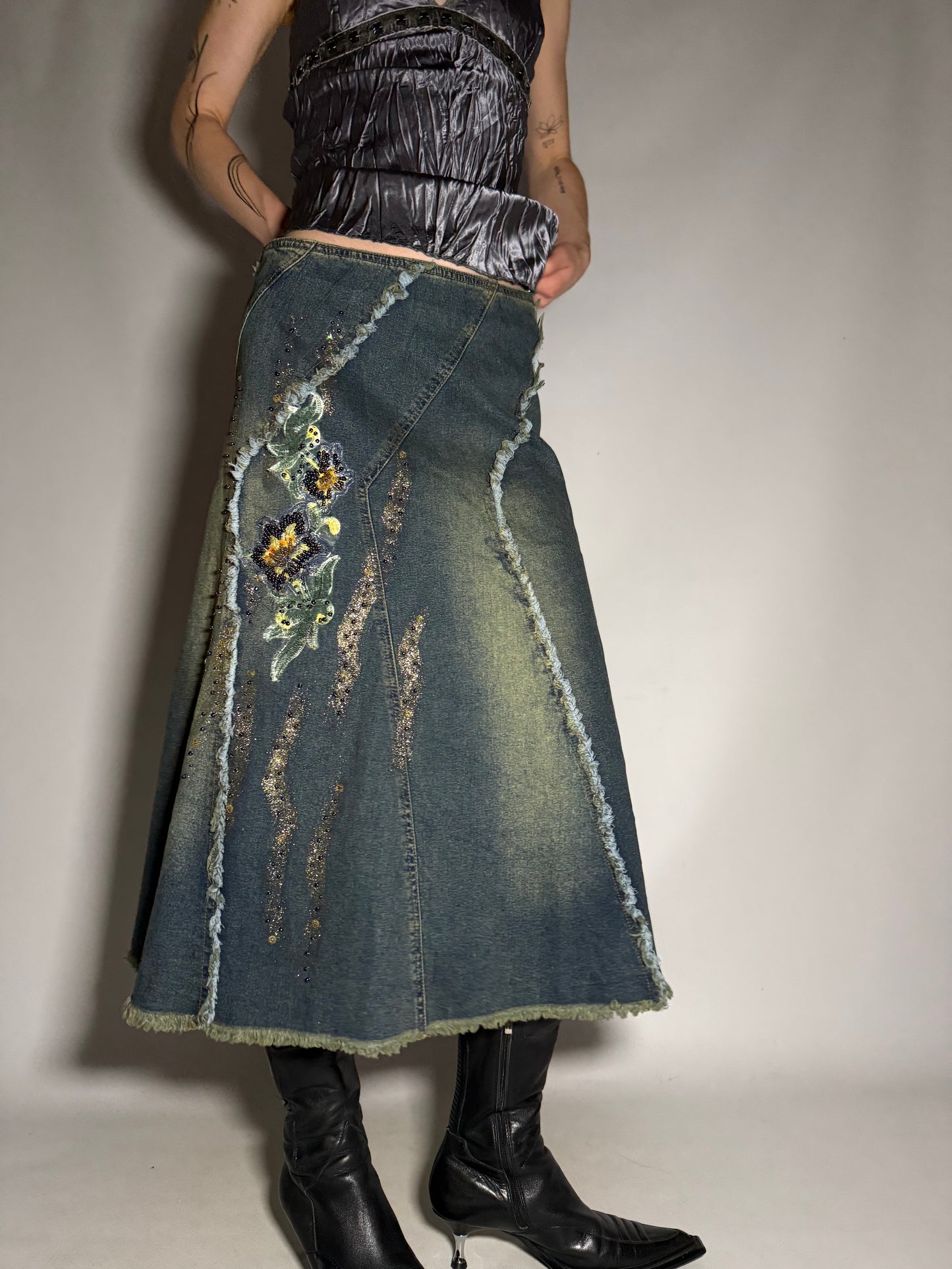 Y2K Distressed Denim Maxi Skirt with Sequin Floral Appliqué TWINKLING
