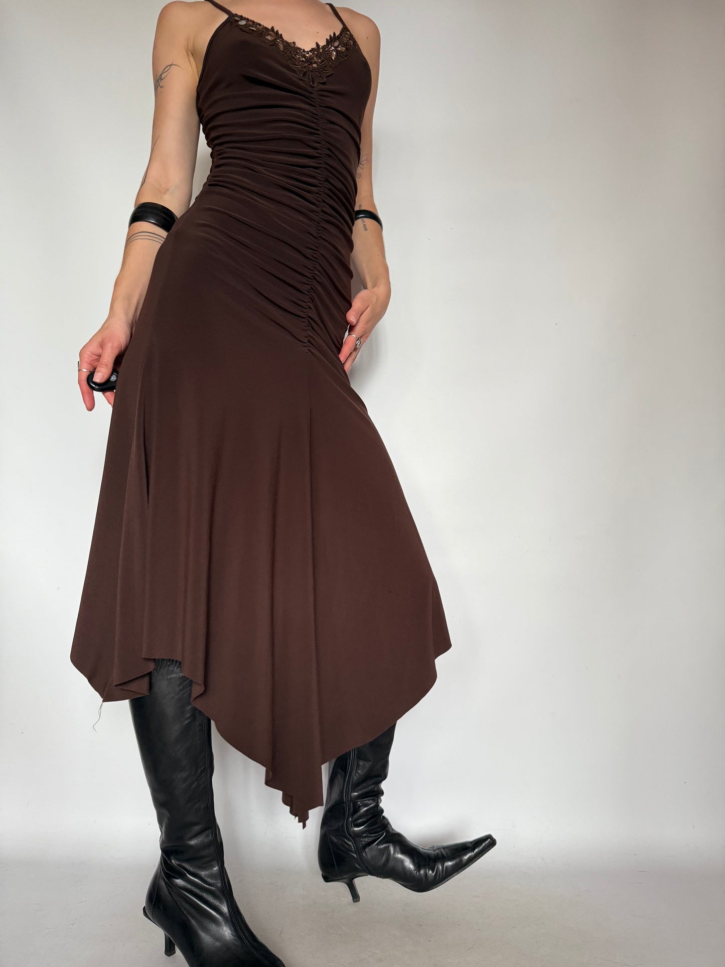 Vintage Brown Ruched Asymmetrical Dress – Twinkling Global
