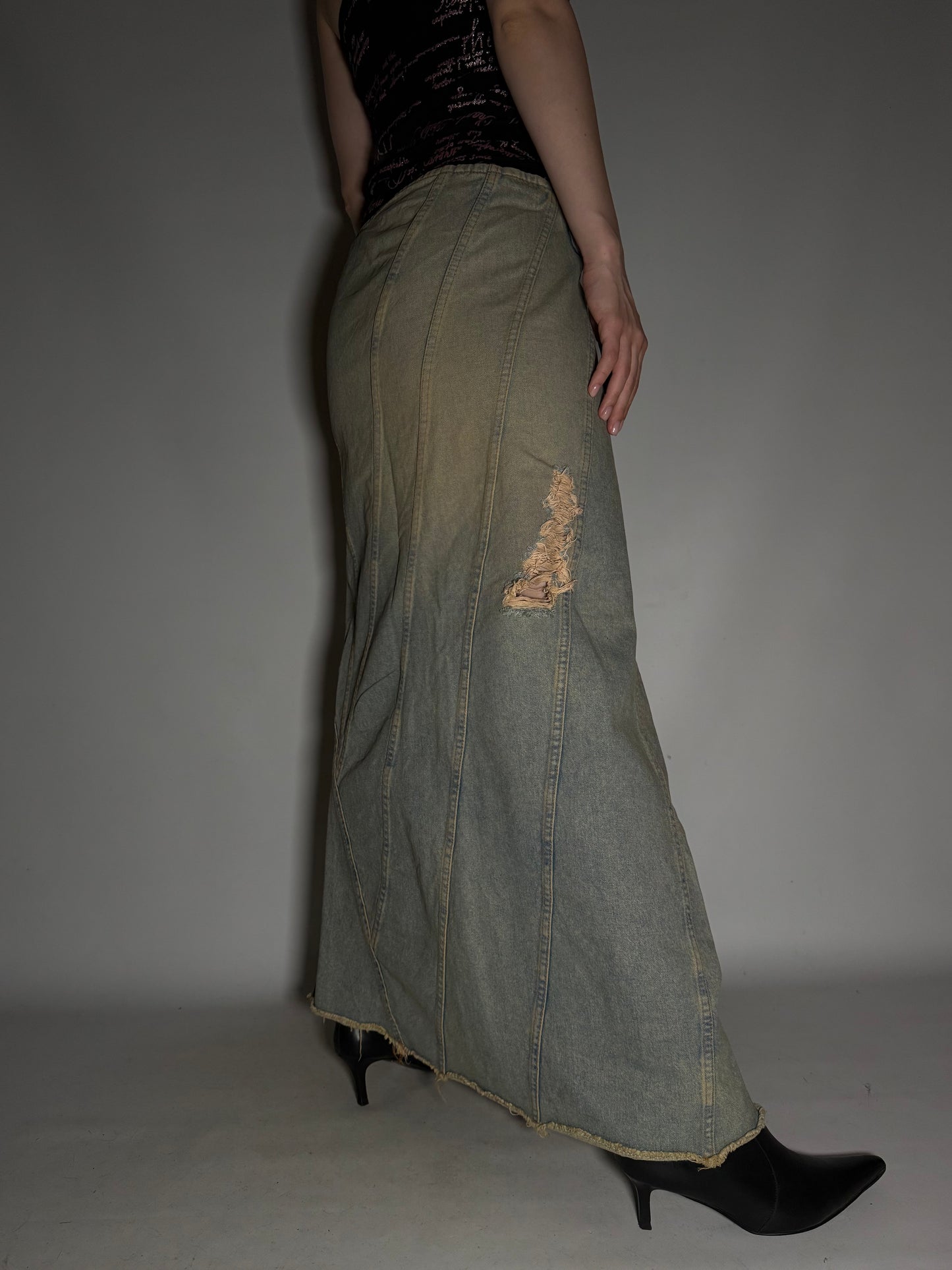 Vintage Rust-Washed Denim Maxi Skirt Twinkling