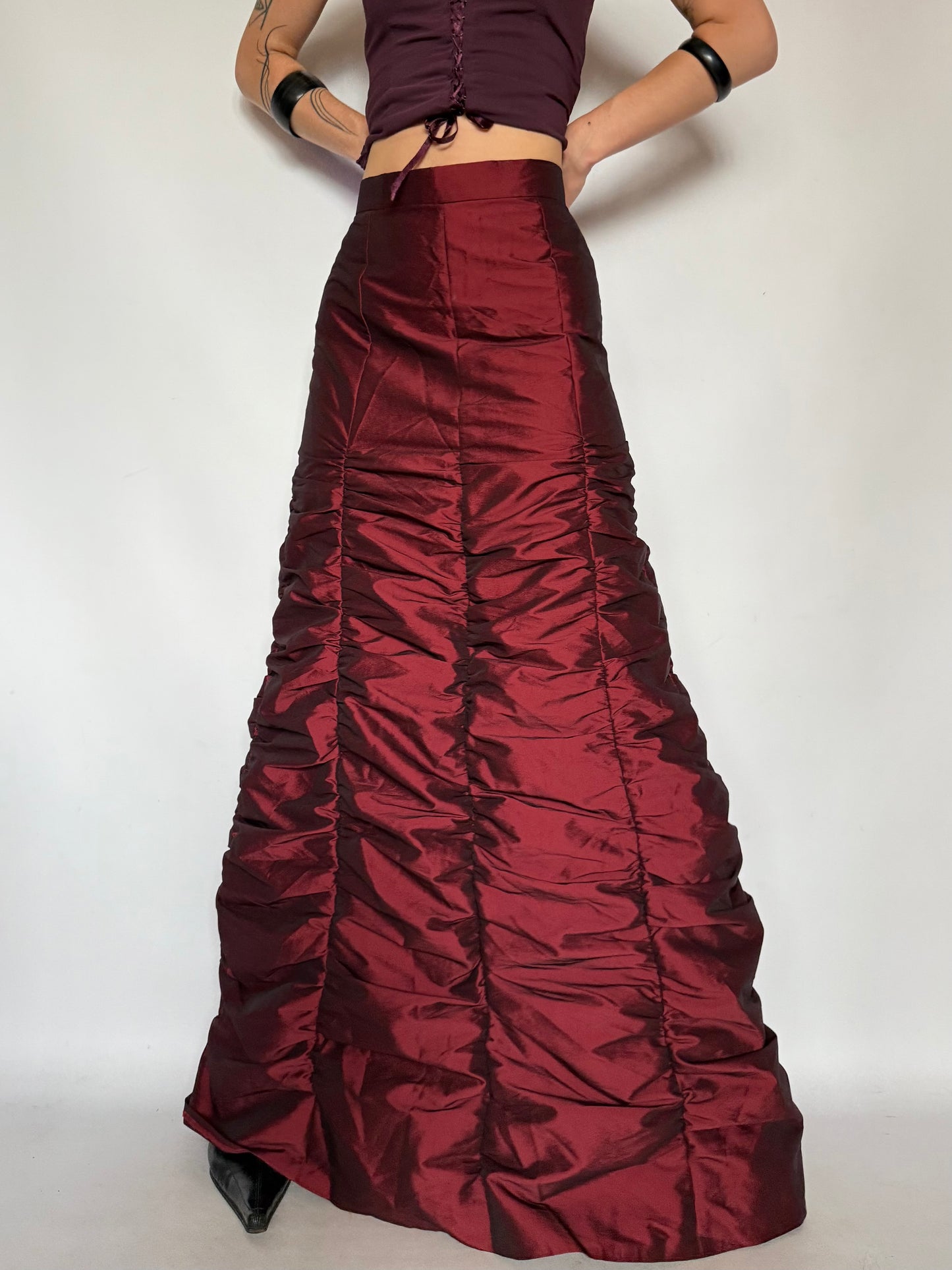 Vintage Burgundy Ruched Maxi Skirt – Twinkling Global