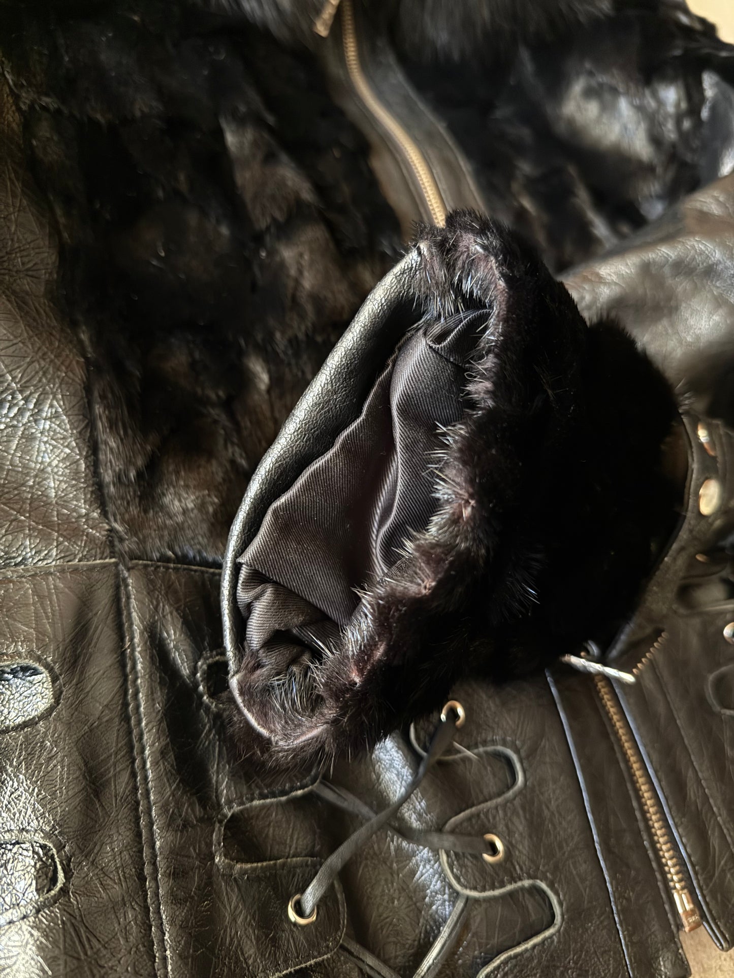 Vintage Leather & Real Fur Lace-Up Jacket TWINKLING GLOBAL