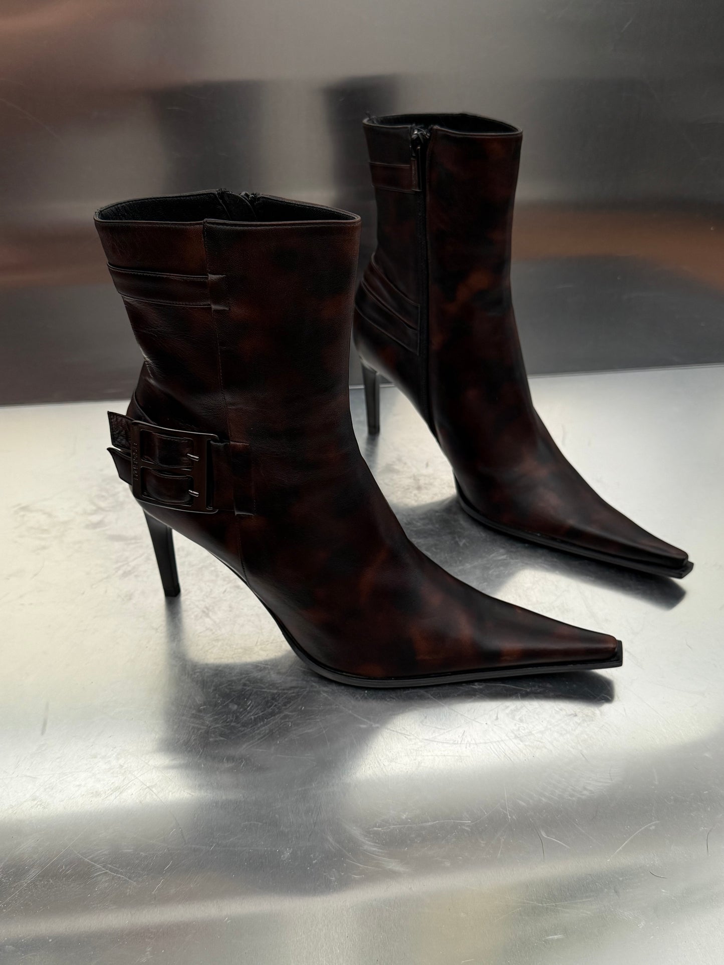Vintage Brown Patterned Leather Ankle Boots Made in Italy Twinkling Global