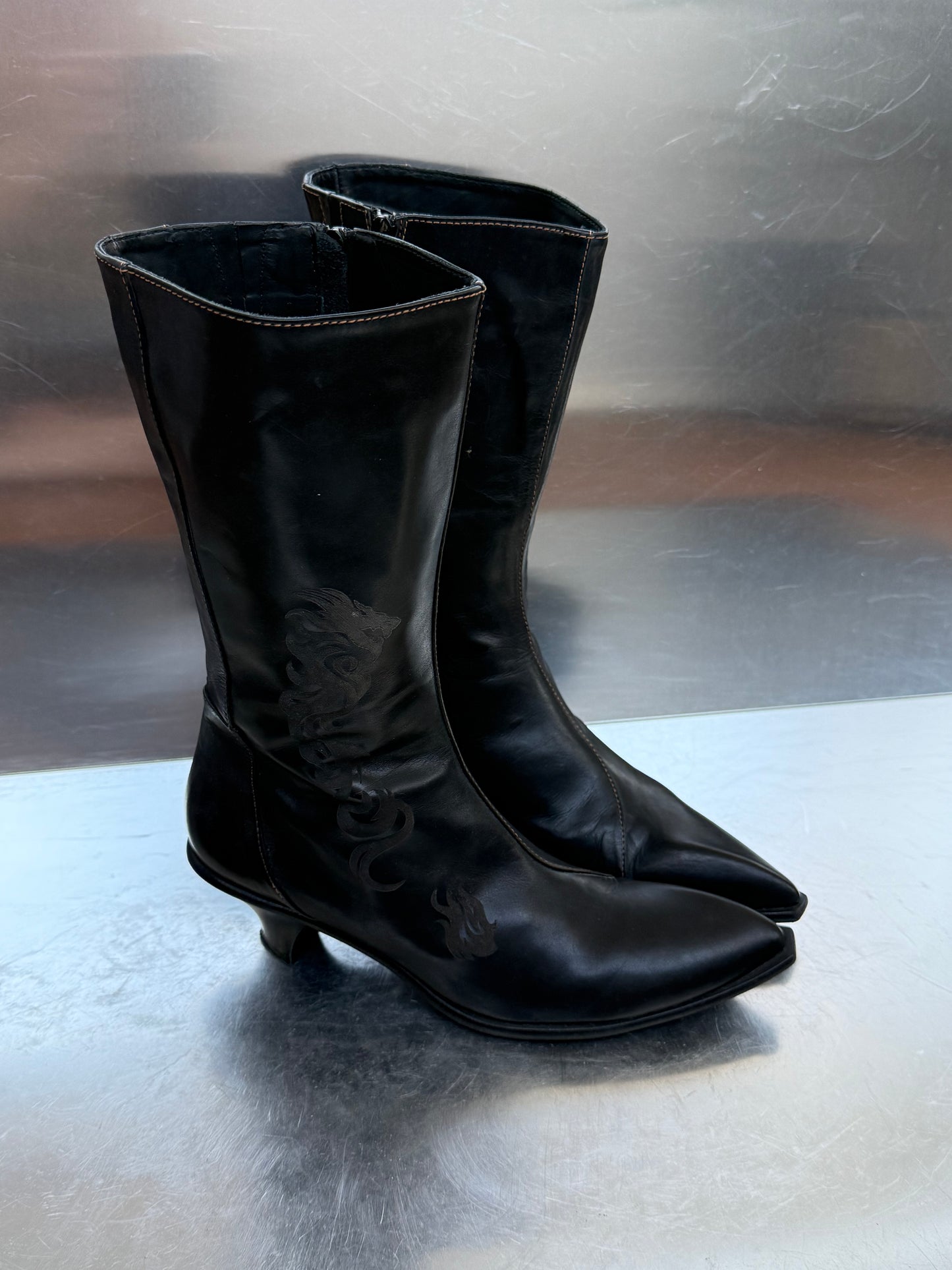 Vintage Black Leather Boots with Tribal Detail Twinkling Global