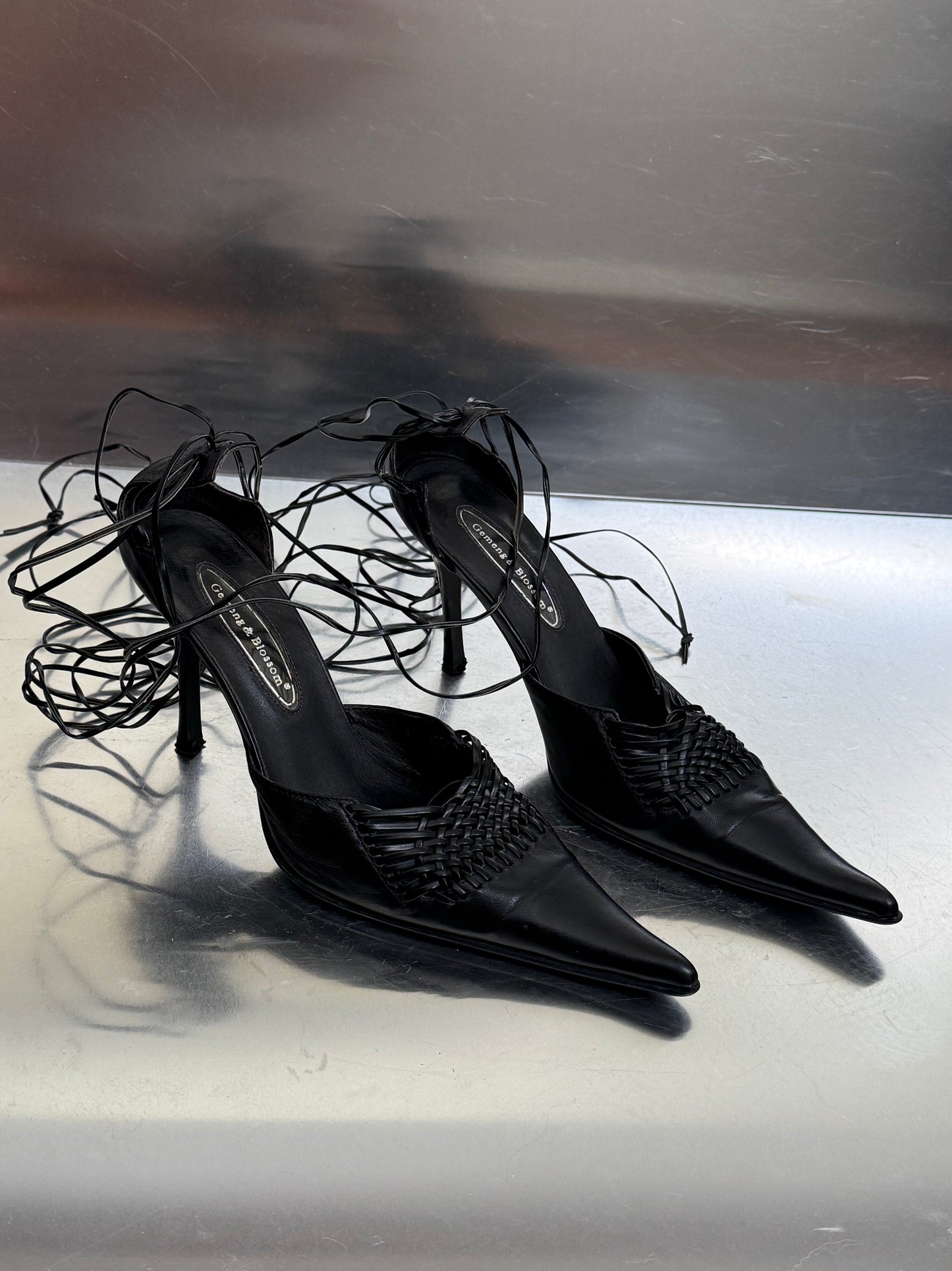 Vintage Black Leather Heels with Lace-Up Straps  Twinkling