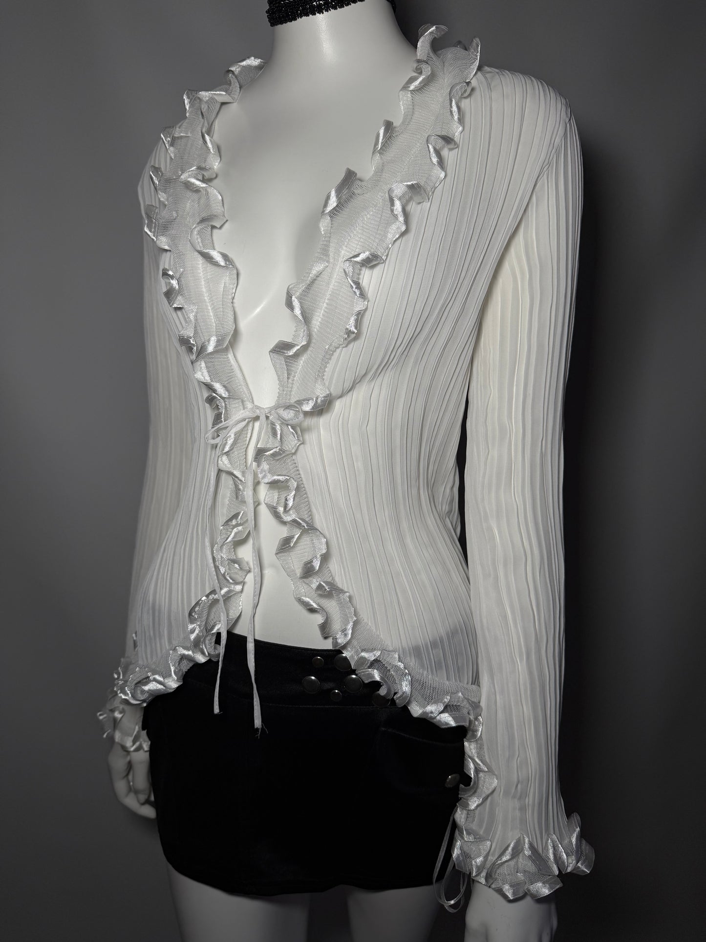 Y2K White Ribbed Ruffle Tie-Up Blouse TWINKLING