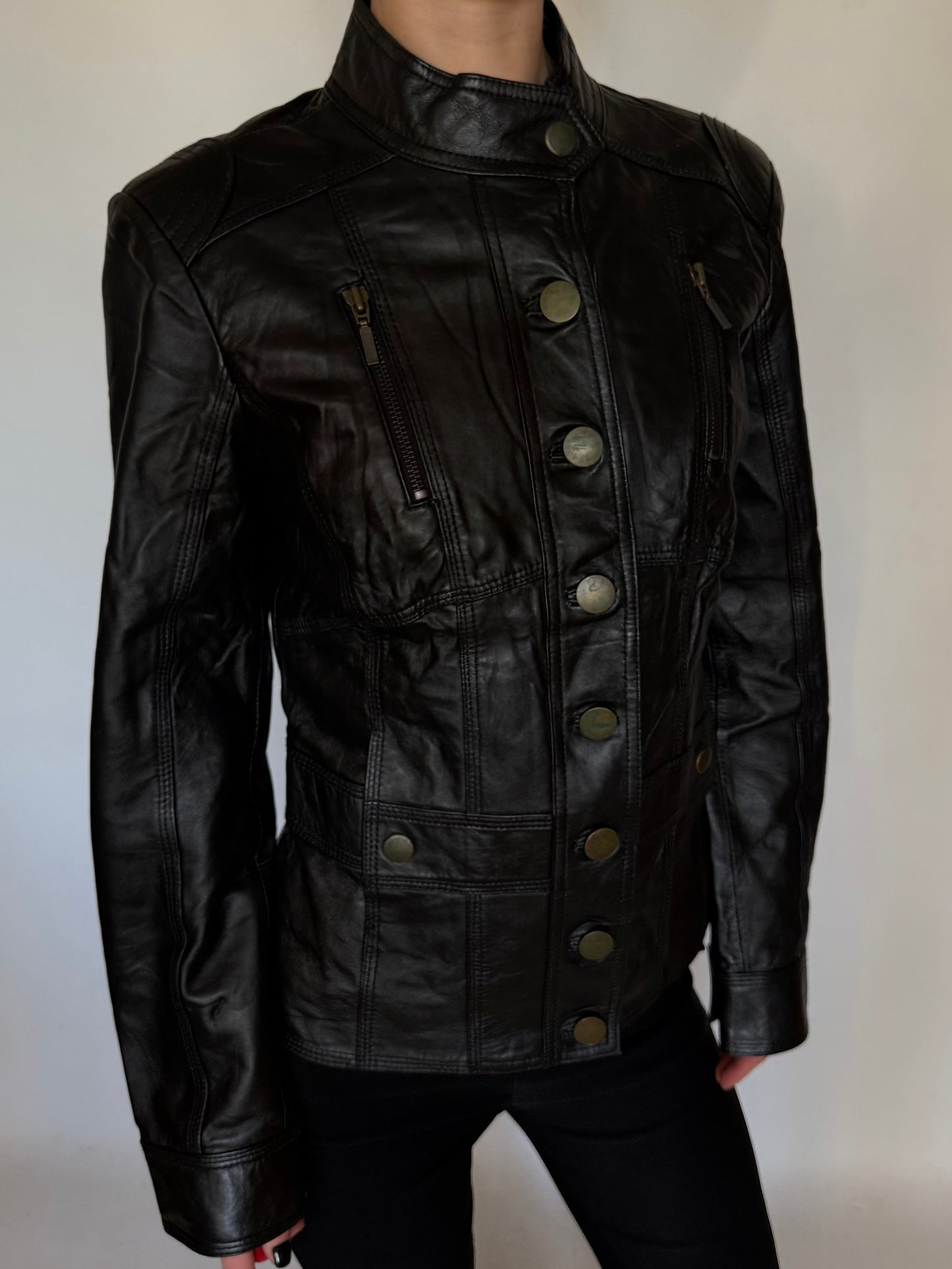 Vintage Black Fitted Leather Jacket Twinkling Global