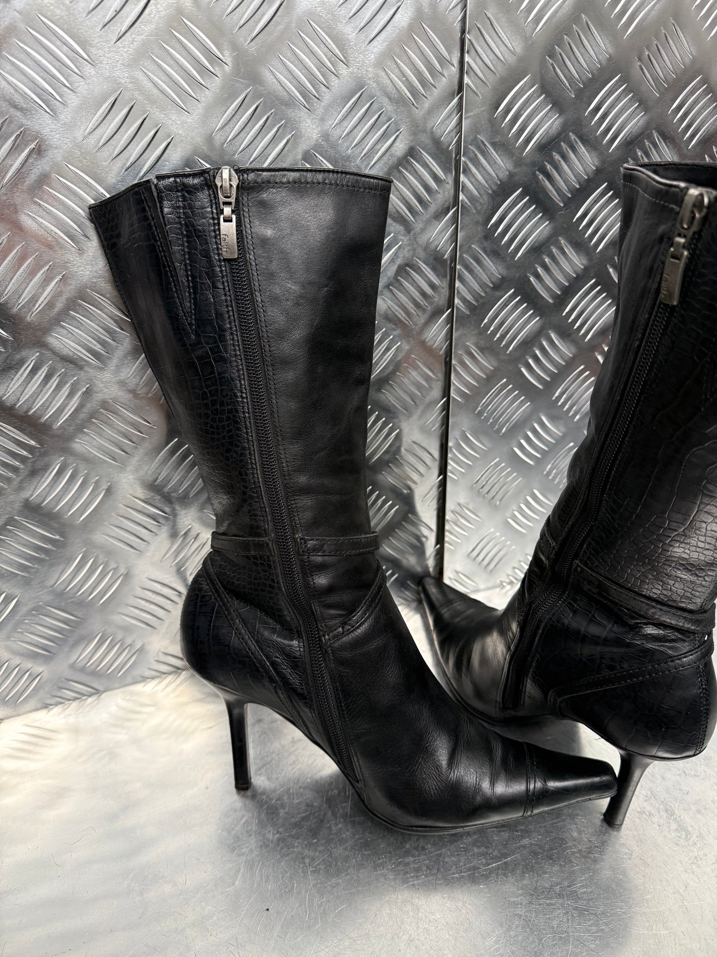 Vintage Black Croc-Effect Leather Knee-High Boots FAITH TWINKLING GLOBAL