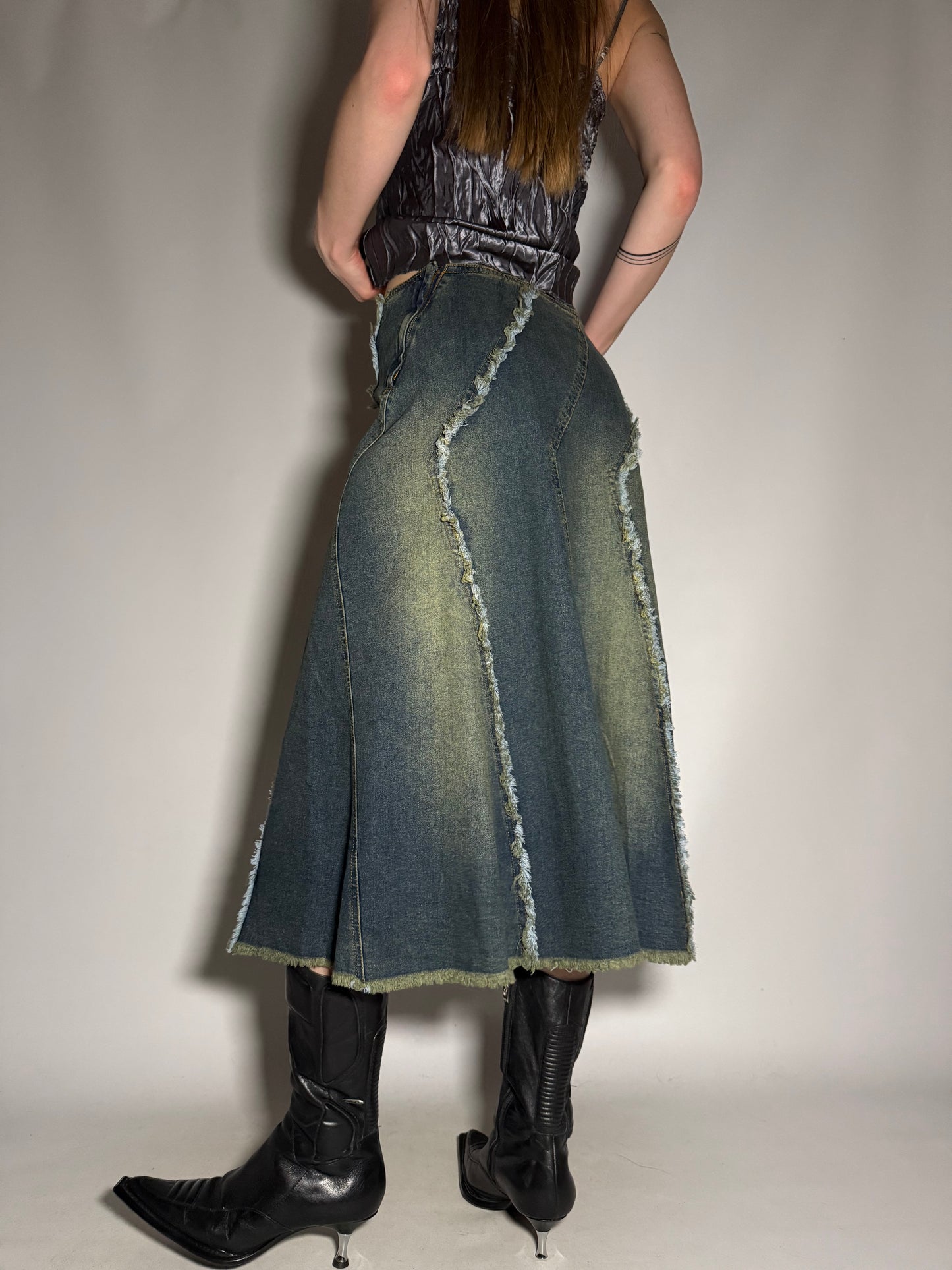 Y2K Distressed Denim Maxi Skirt with Sequin Floral Appliqué TWINKLING
