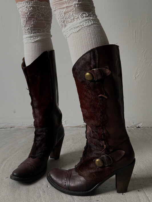 Vintage Italian leather cowboy boots with natural fur TWINKLING GLOBAL