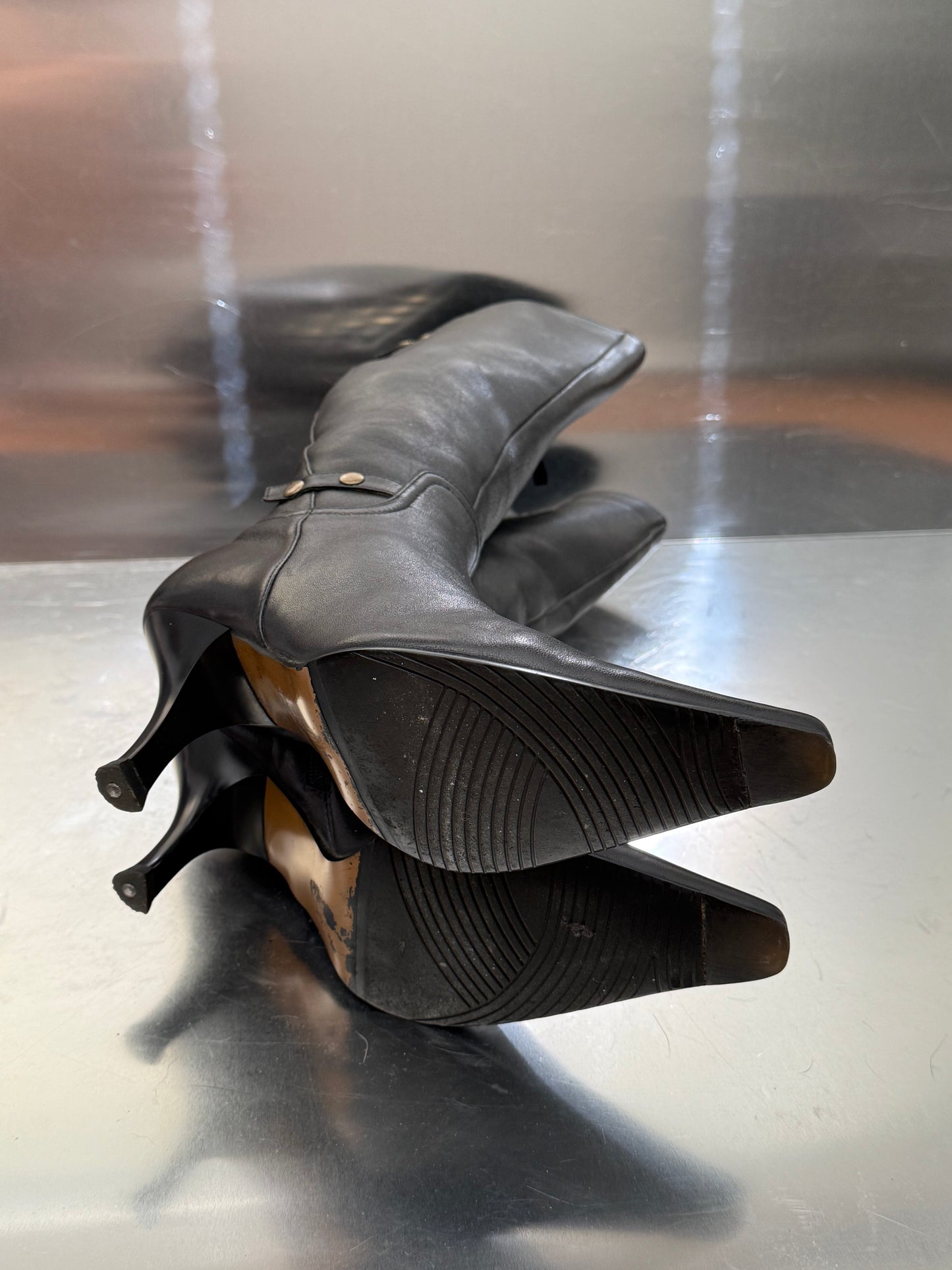 Vintage Black Leather High Boots with Stud Details Twinkling Global