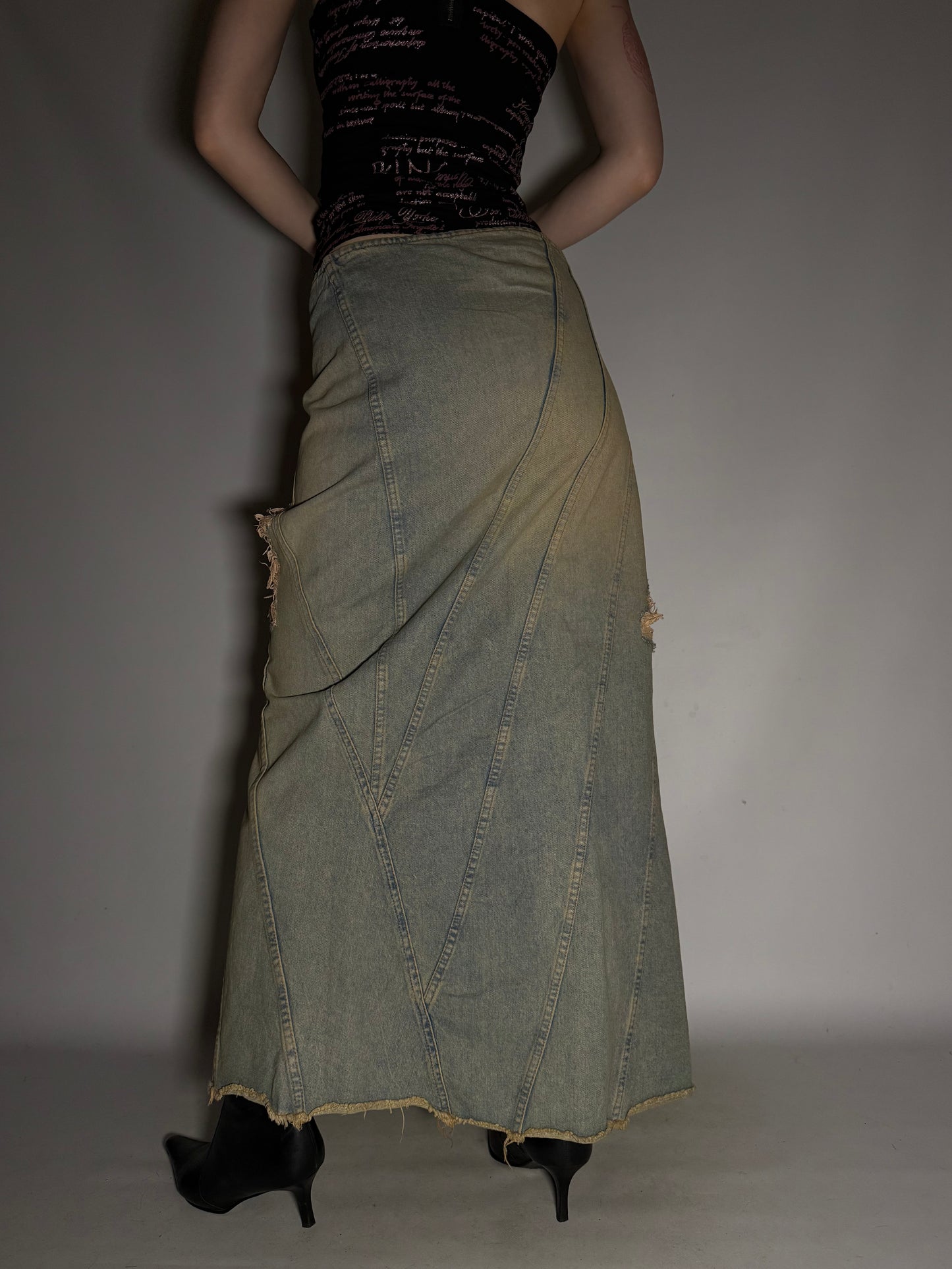 Vintage Rust-Washed Denim Maxi Skirt Twinkling