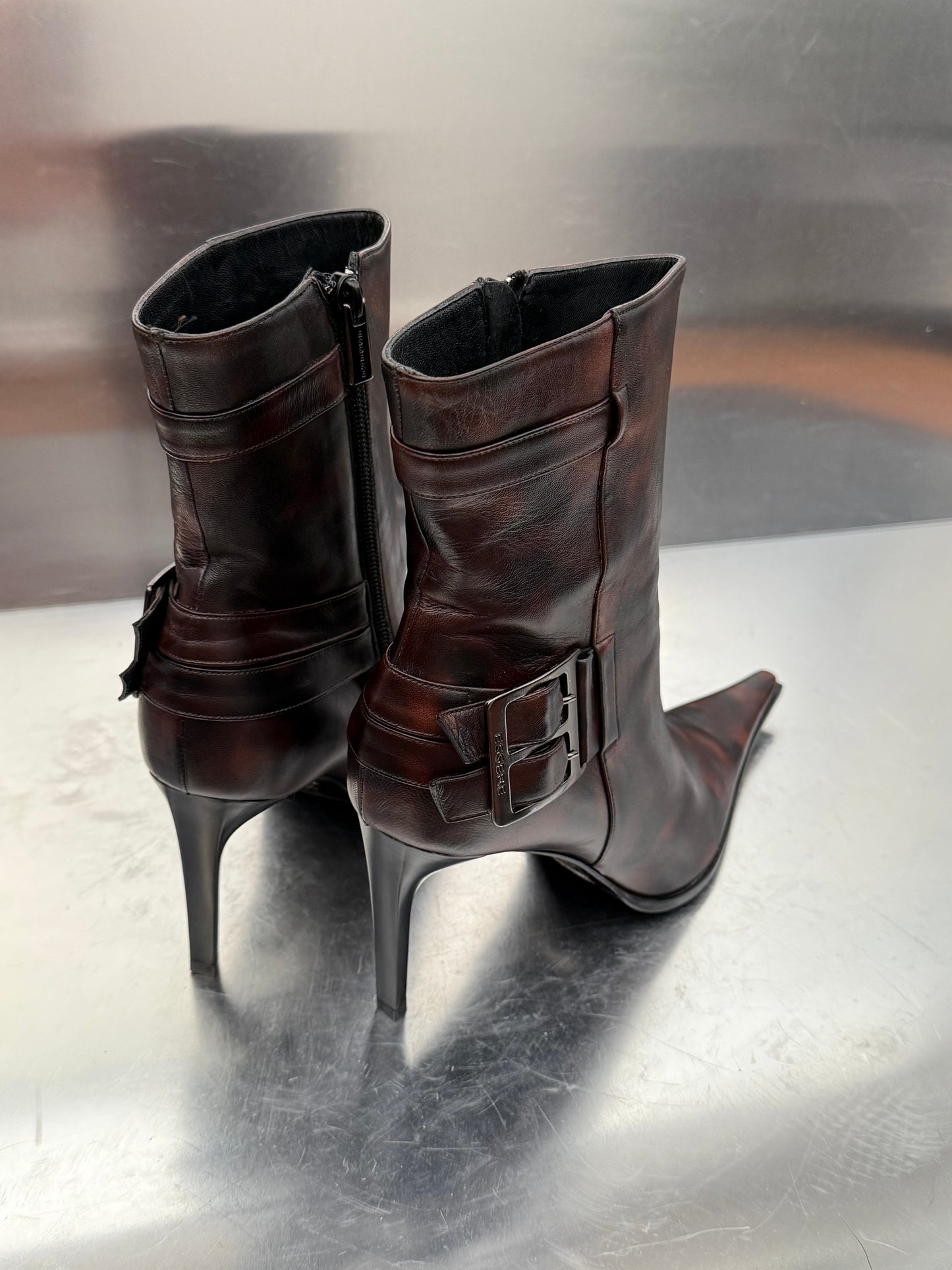 Vintage Brown Patterned Leather Ankle Boots Made in Italy Twinkling Global