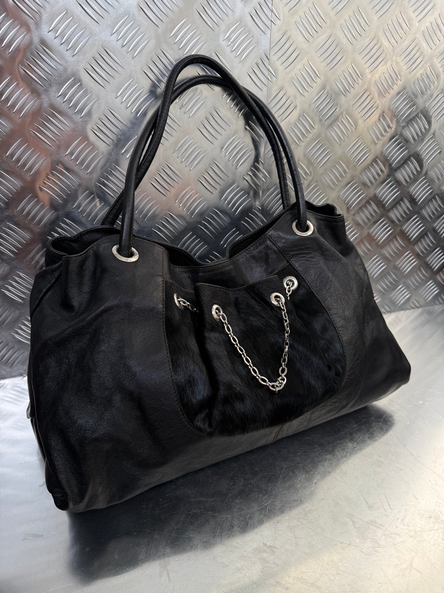 Vintage Furla Leather Bag with Pony Hair Detail Twinkling Global