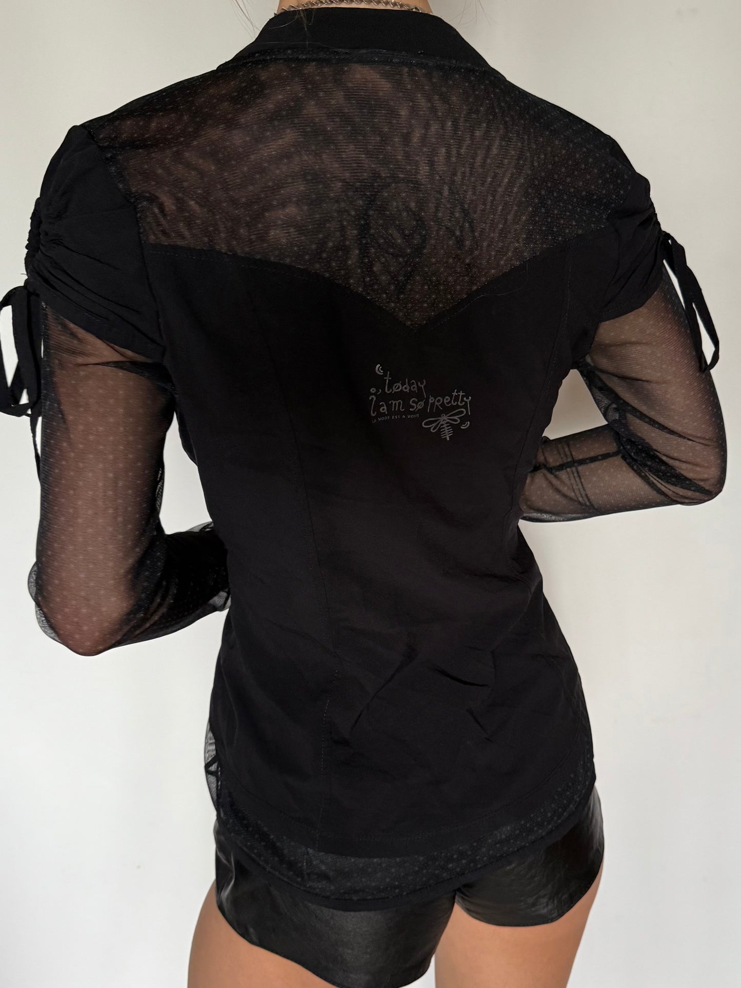 Vintage Ruched Mixed-Fabric Button Shirt Black Twinkling Global