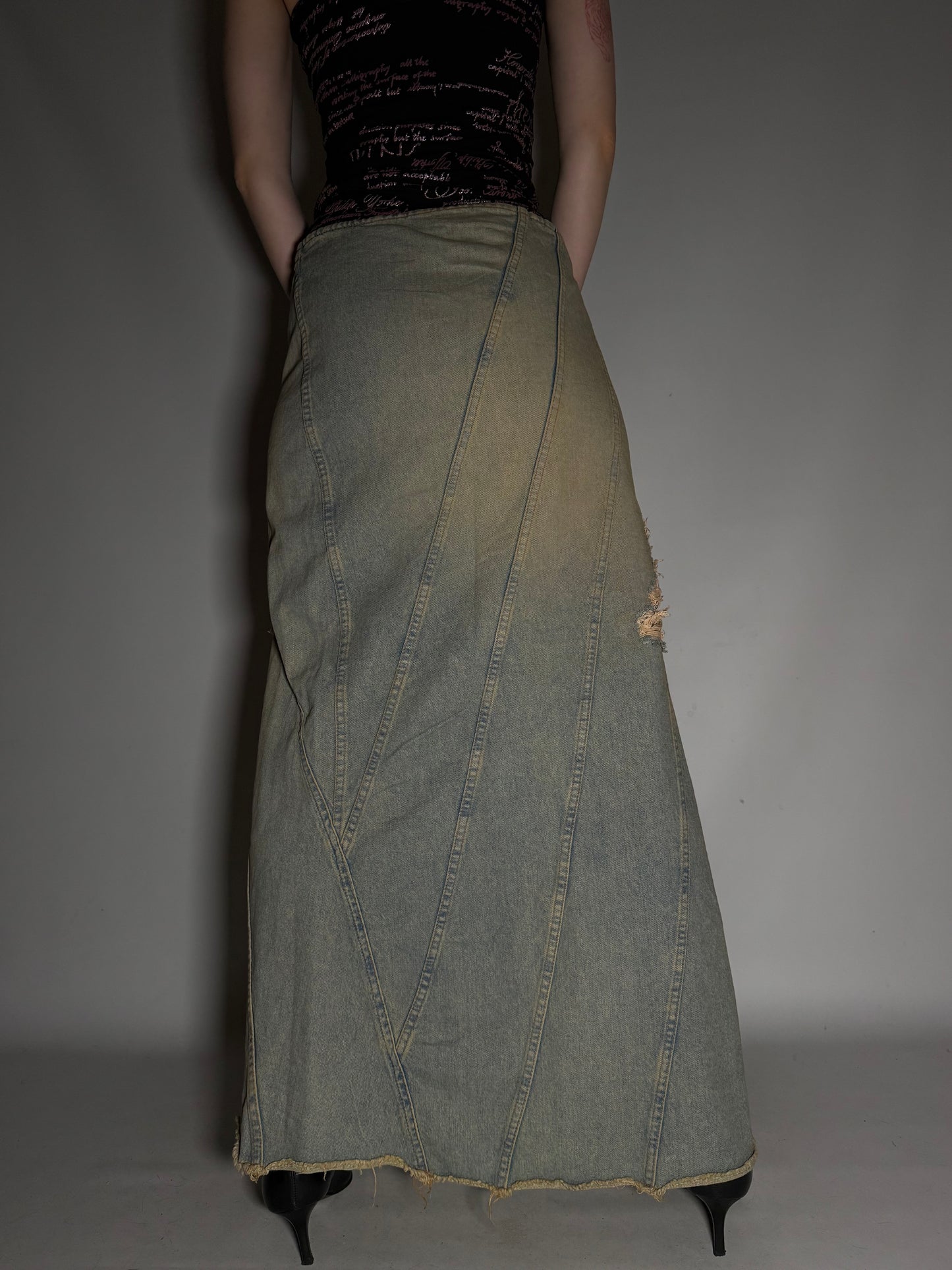 Vintage Rust-Washed Denim Maxi Skirt Twinkling