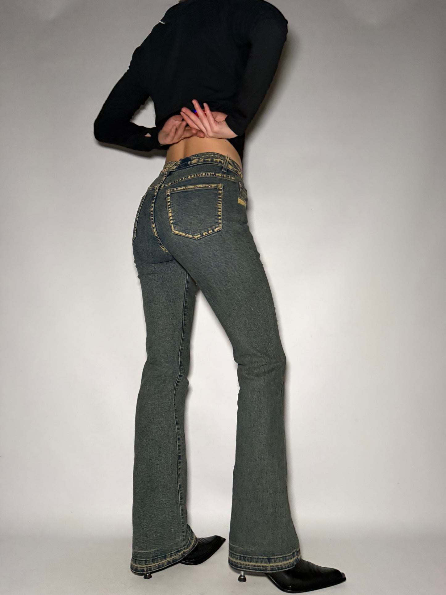 Yellow Washed Stretch Flare Jeans Twinkling Global