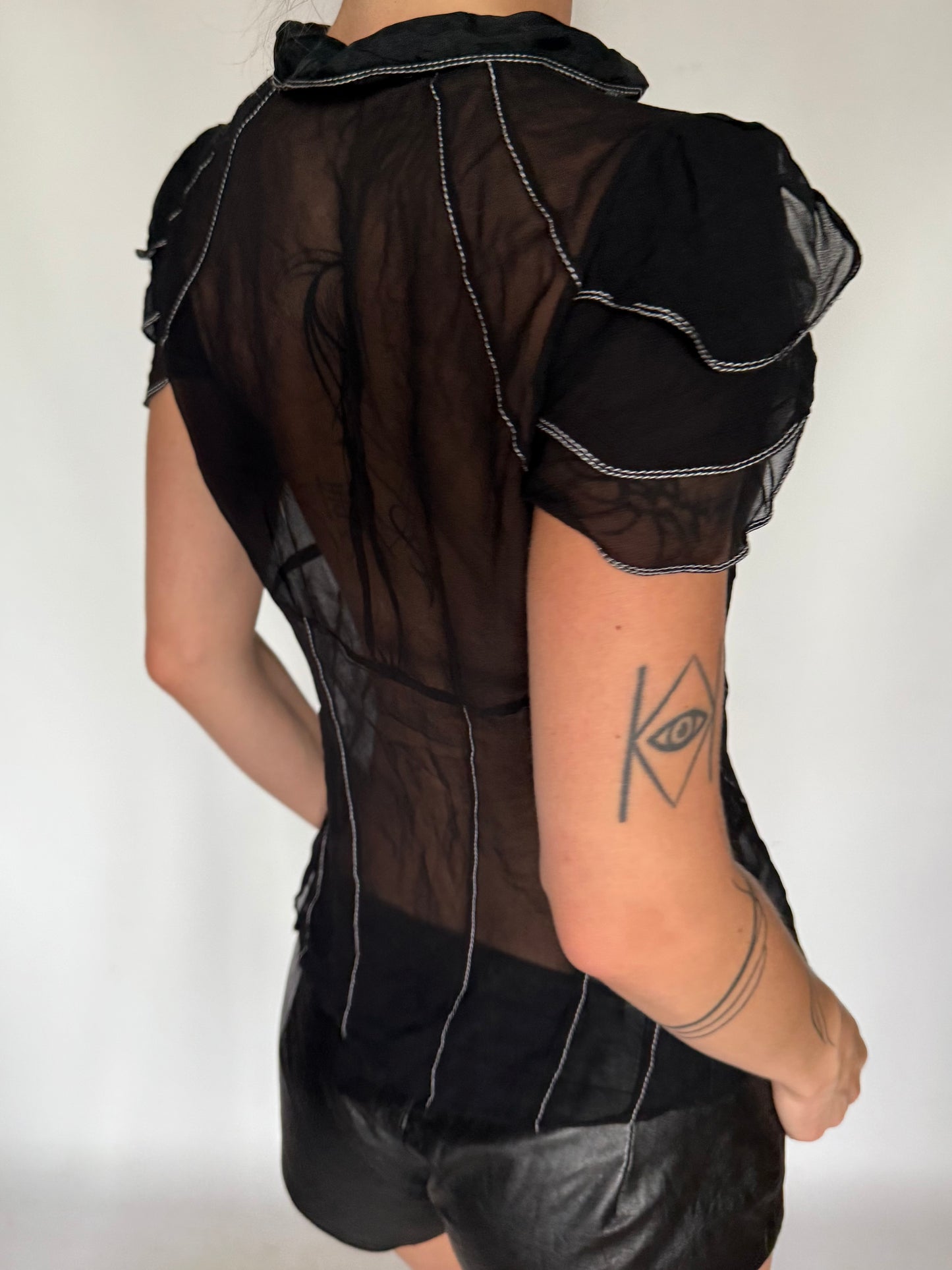 Vintage Silky Sheer Ruffle Mesh Blouse Black Twinkling Global