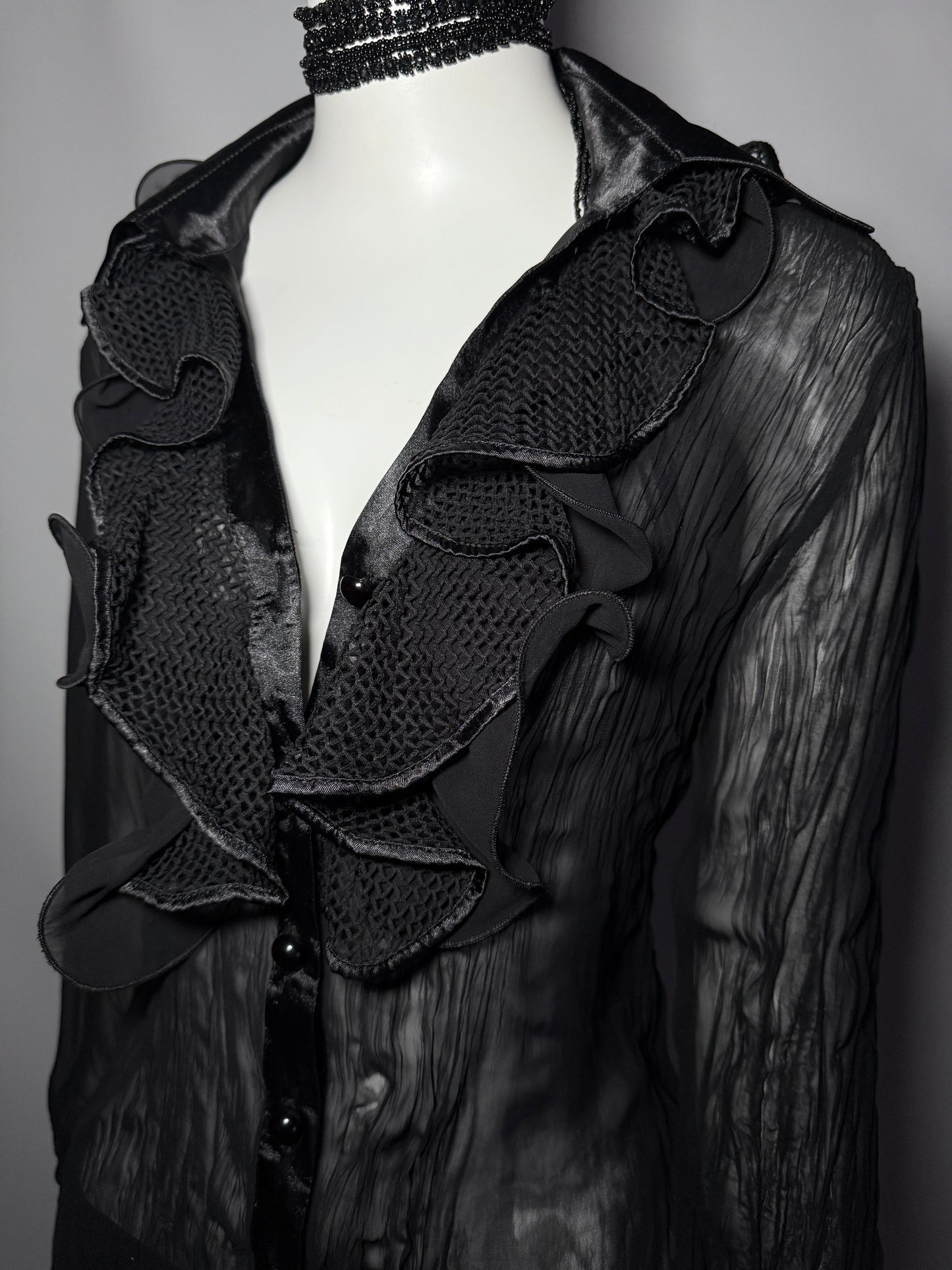 Sheer Black Ruffle Blouse with Textured Details TWINKLING