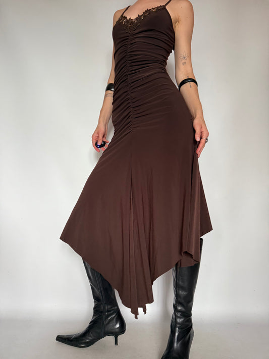 Vintage Brown Ruched Asymmetrical Dress – Twinkling Global