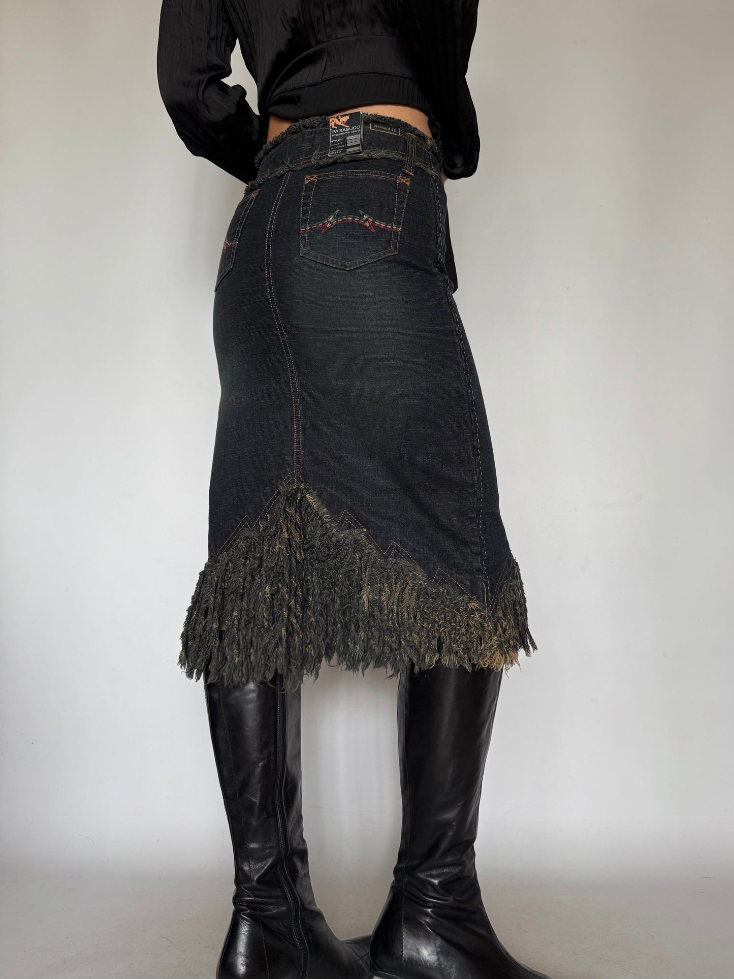 Vintage Denim Skirt with Fringe Hem Twinkling Global