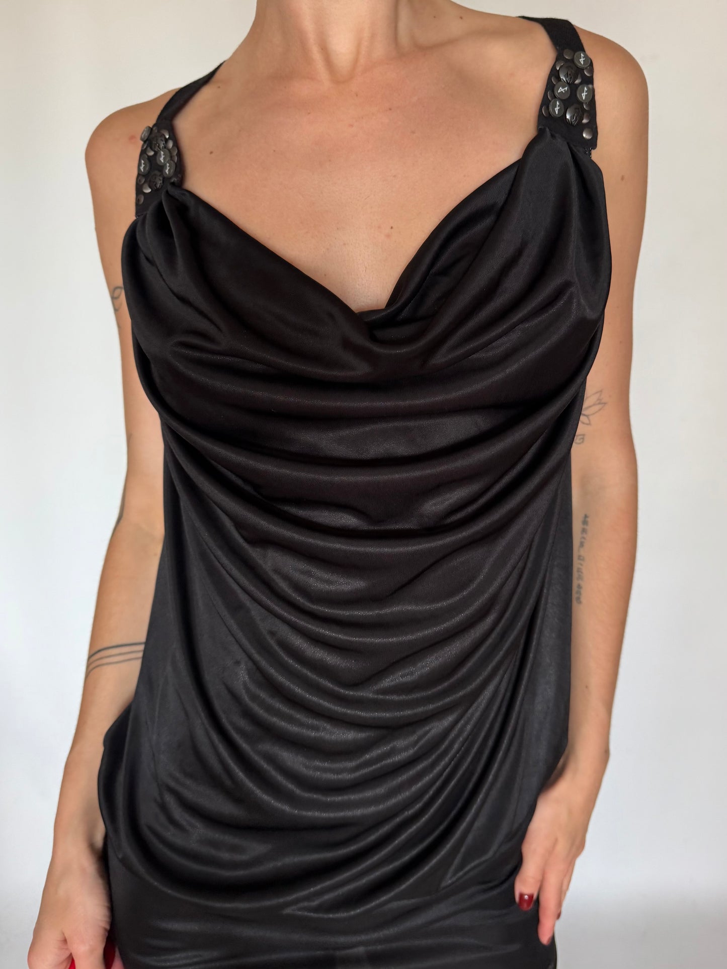 Y2K Black Stretchy Mini Dress with Cowl Neck Twinkling