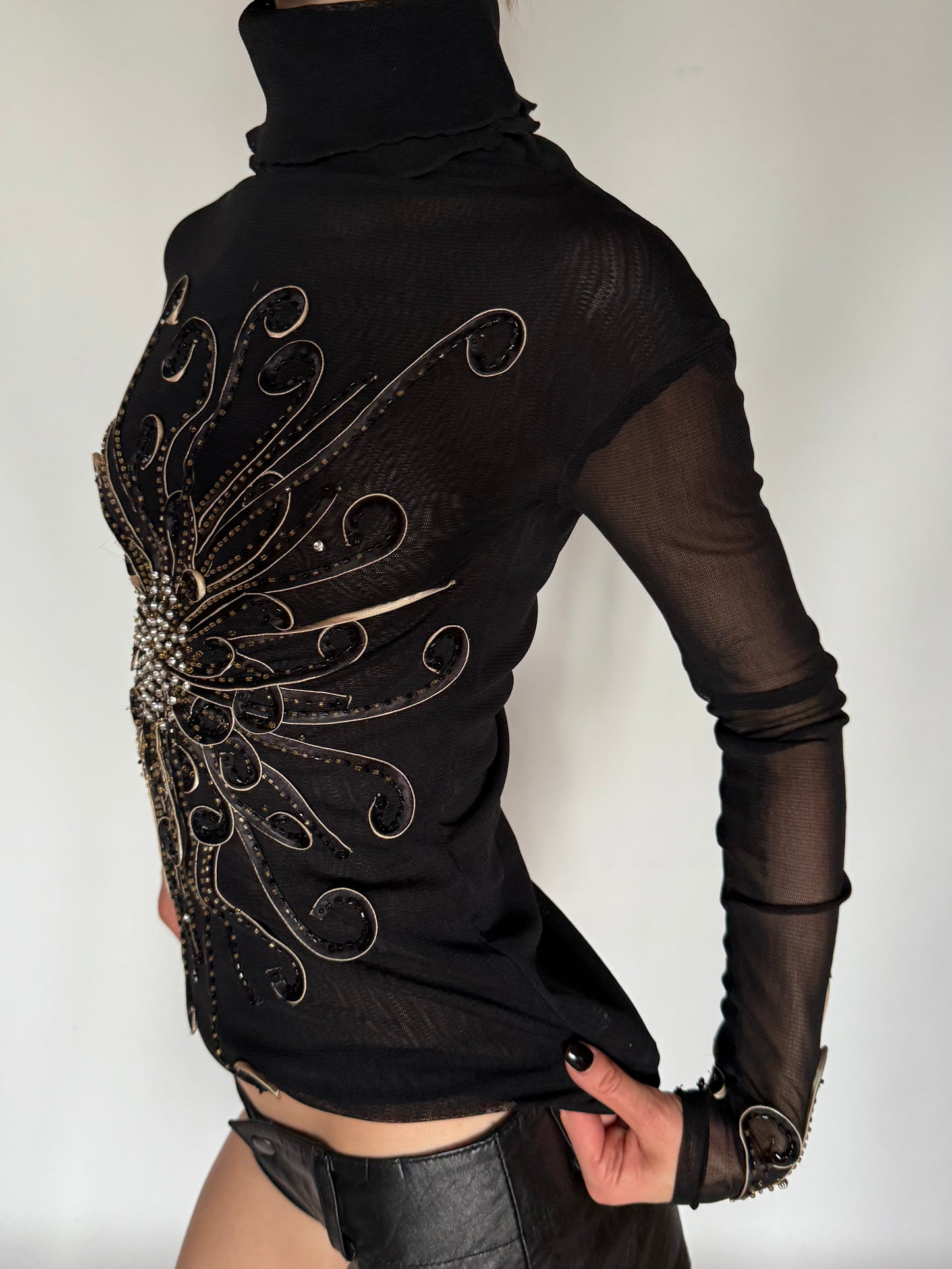 Vintage Embellished Sheer Turtleneck Blouse Black Twinkling Global
