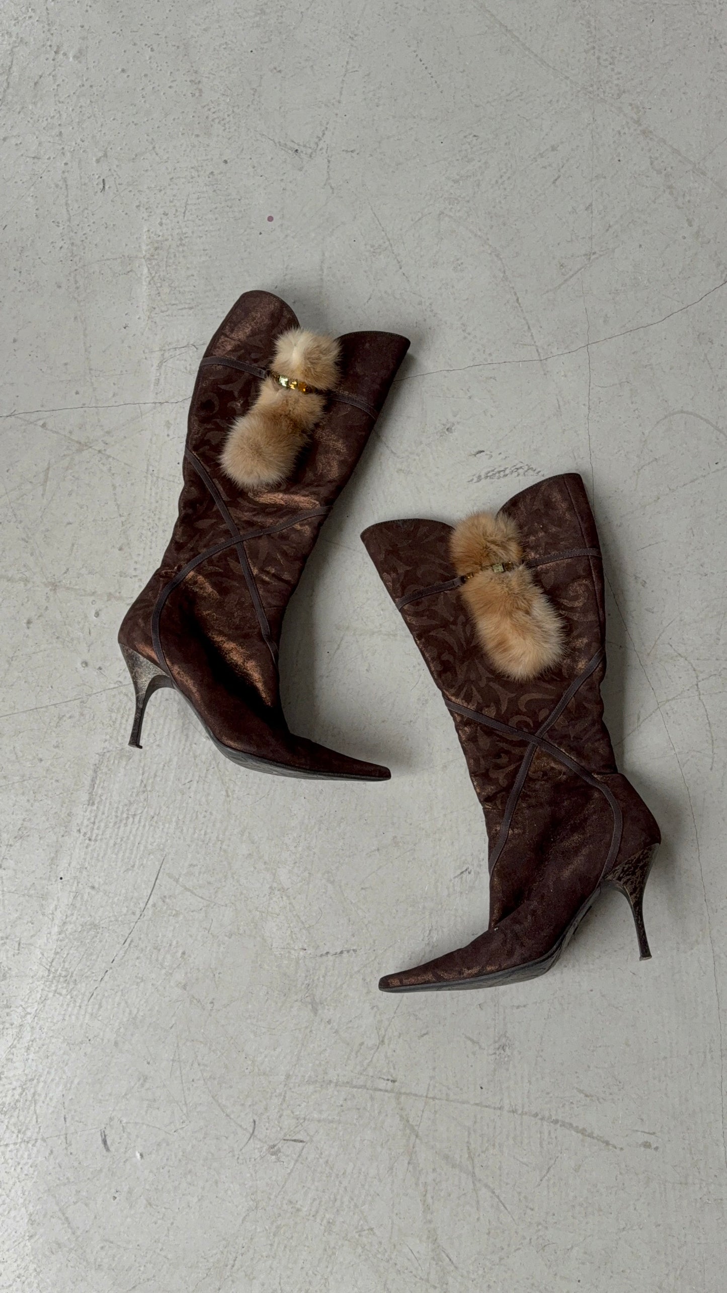 Italian Brown Suede Heeled Boots with Real Fur TWINKLING GLOBAL