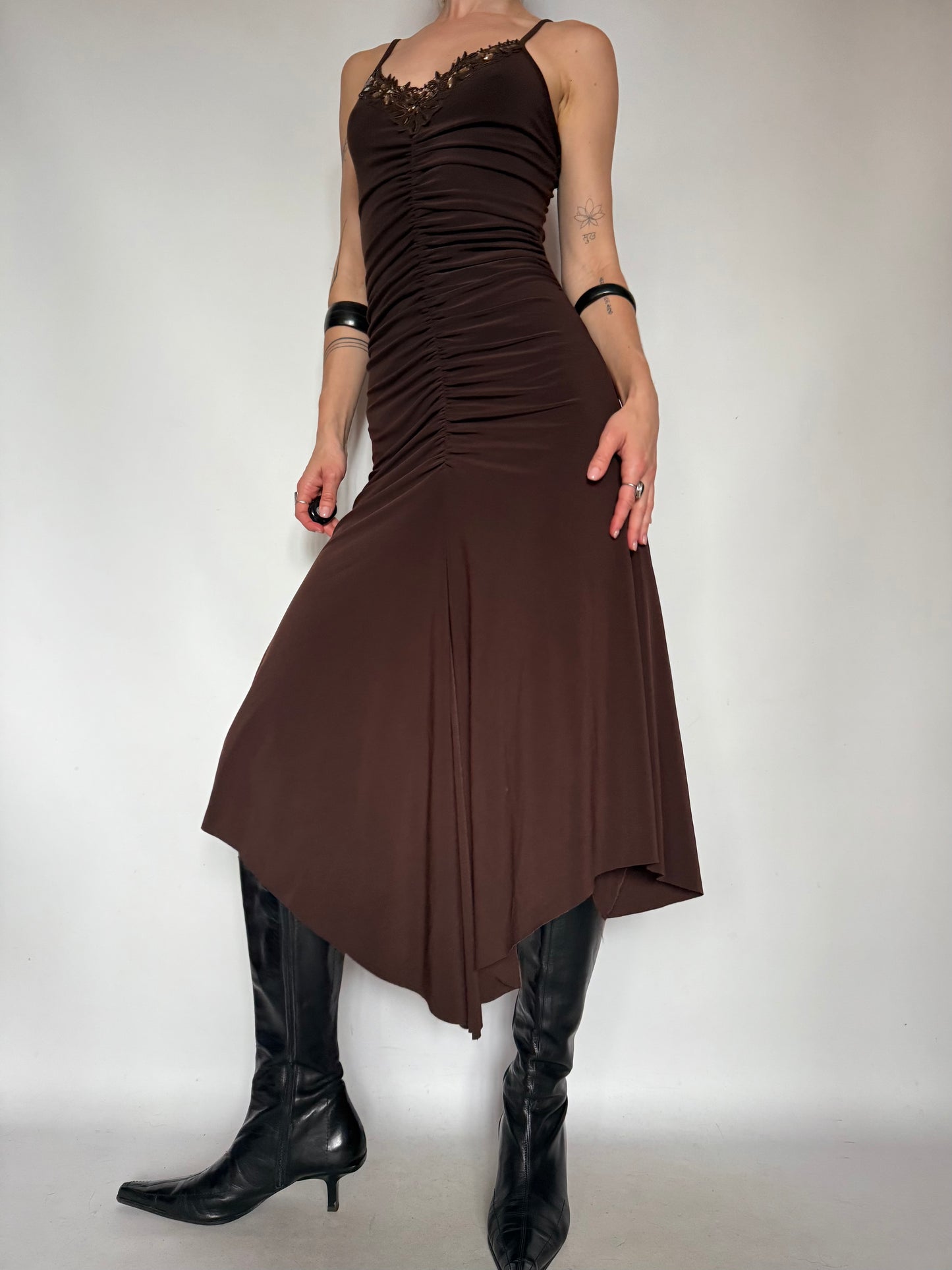 Vintage Brown Ruched Asymmetrical Dress – Twinkling Global