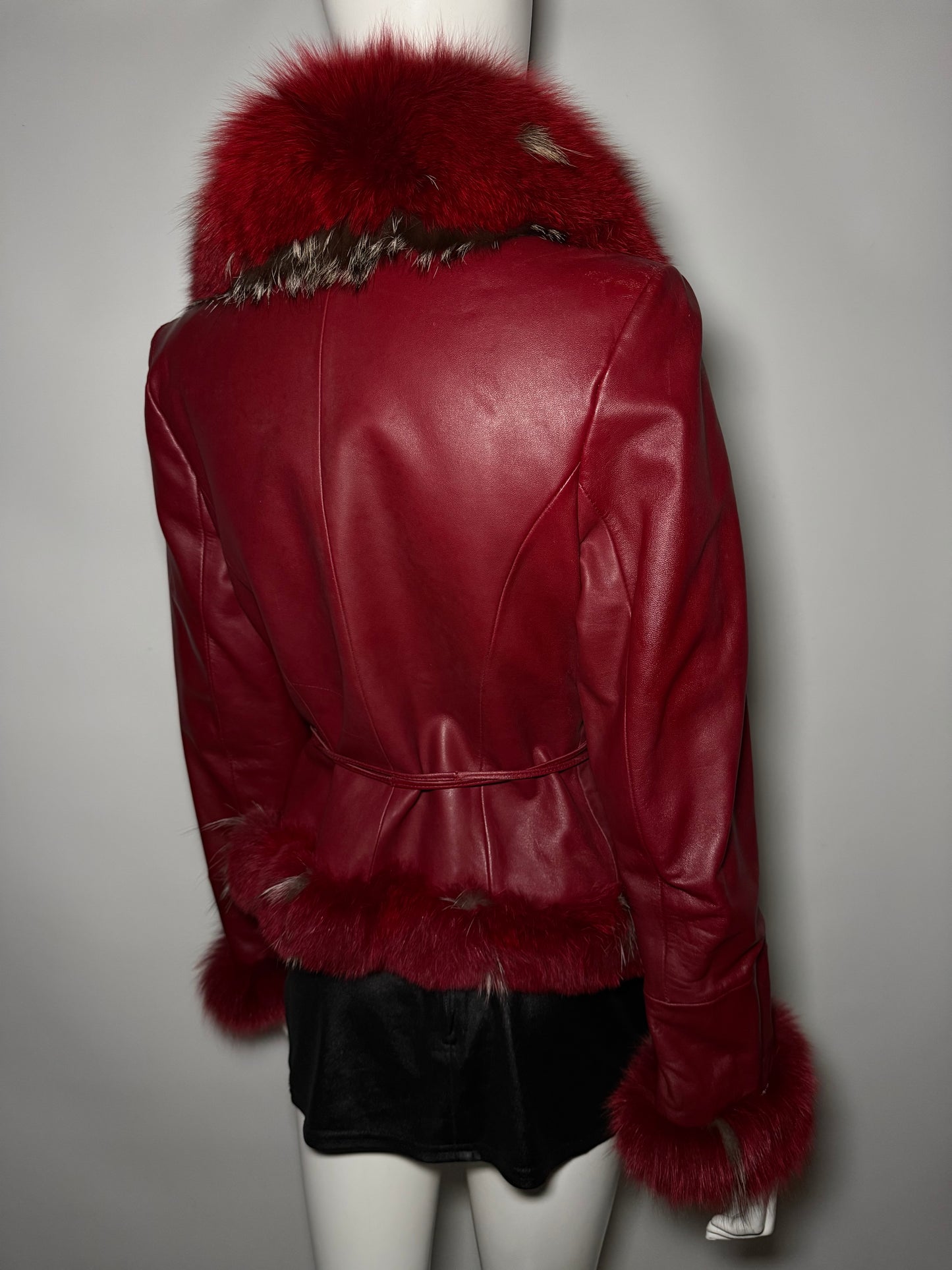 Vintage Red Leather Wrap Jacket with Real Fur TWINKLING GLOBAL