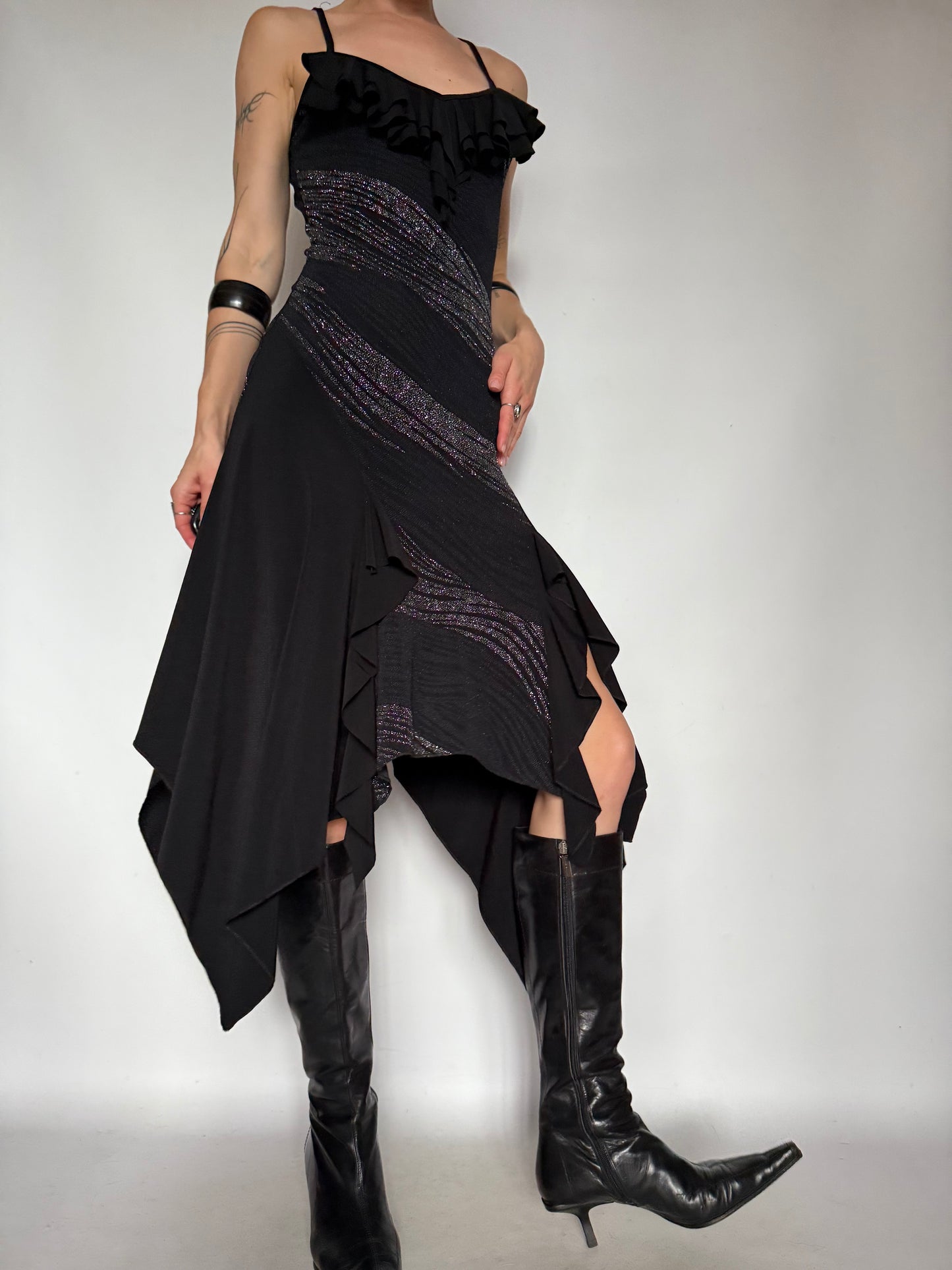 Vintage Black Asymmetrical Midi Dress with Metallic Stripes – Twinkling Global