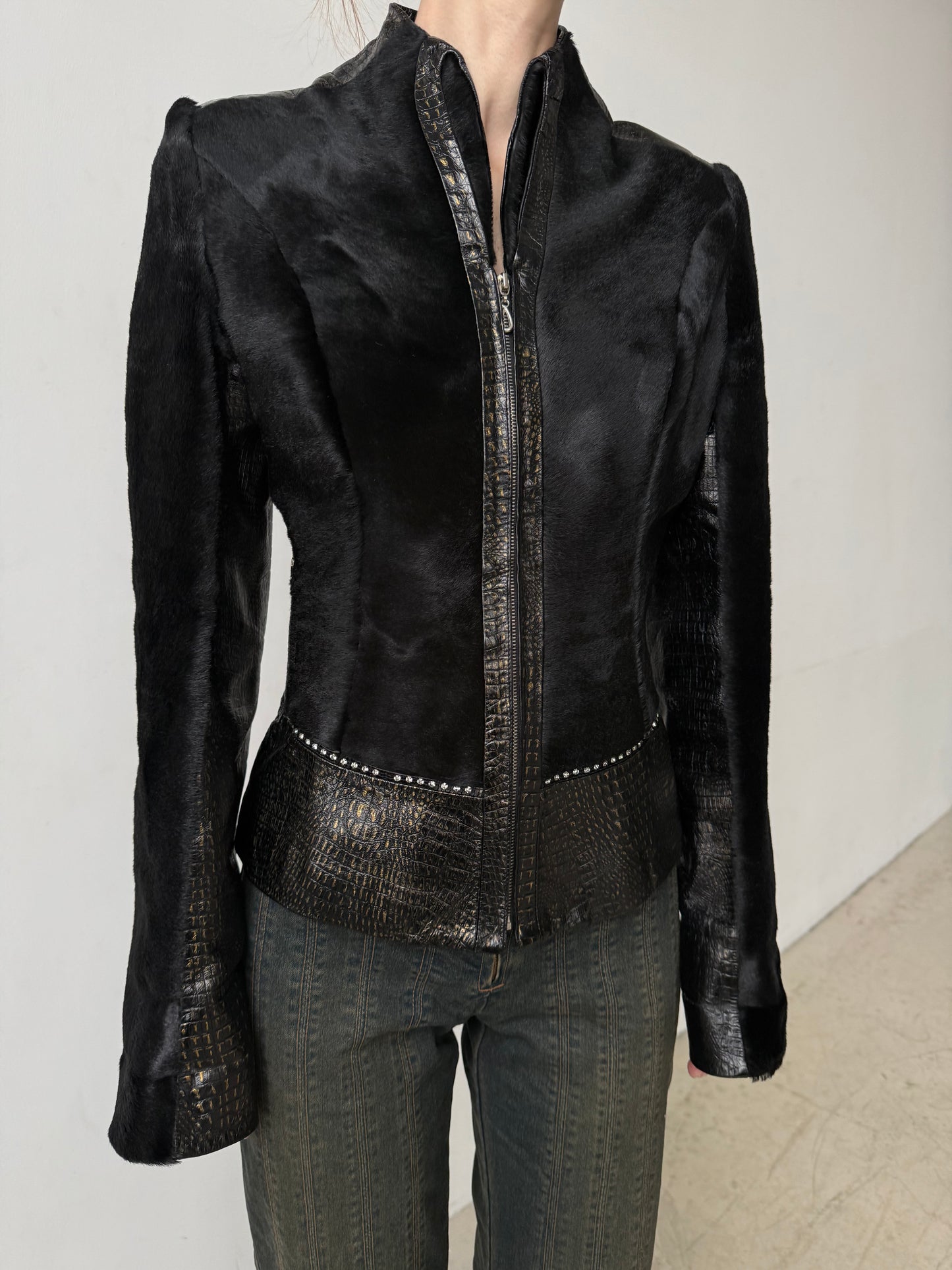 Vintage fitted leather jacket with pony fur TWINKLING GLOBAL