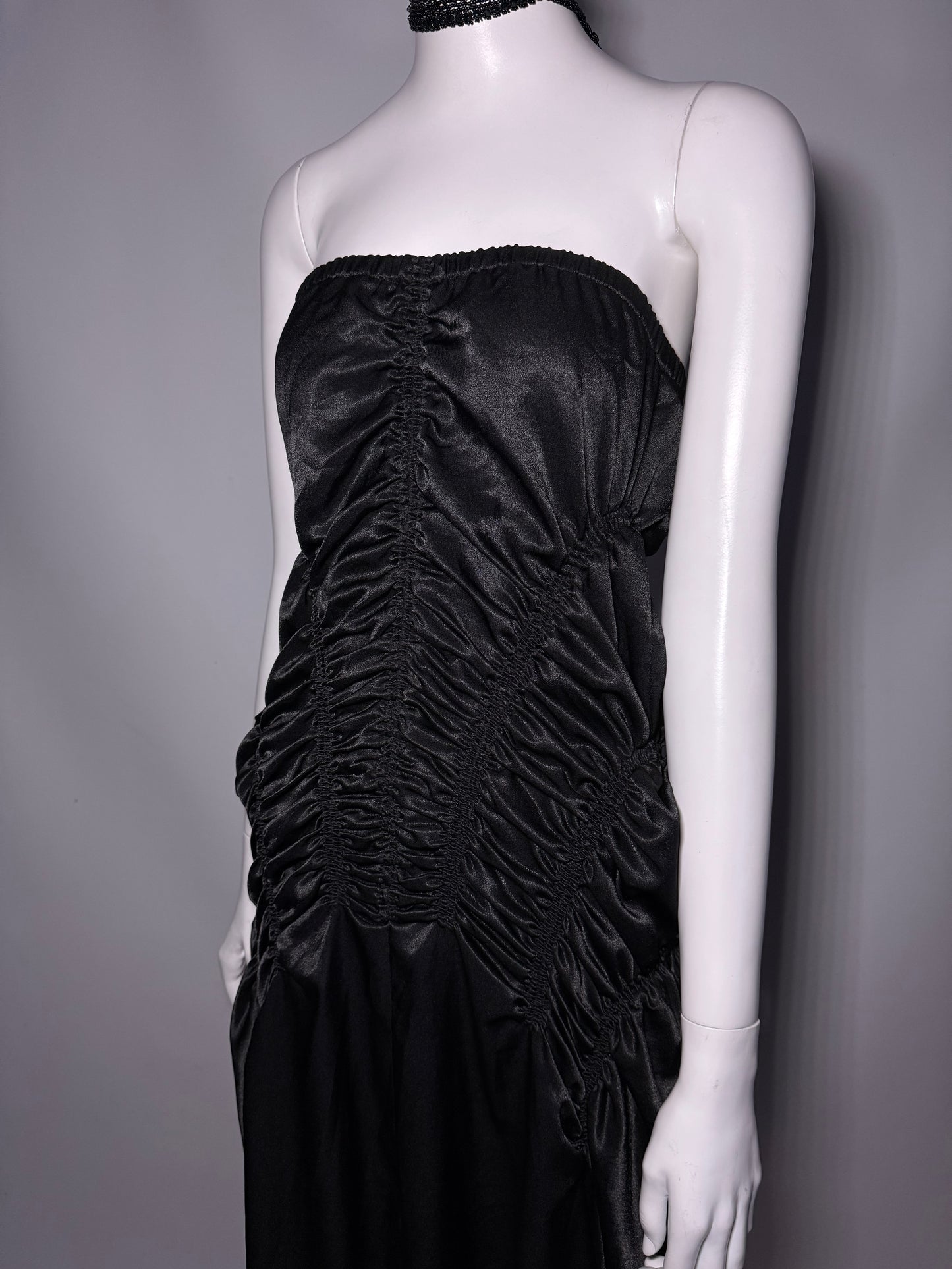 Y2K Strapless Black Ruched Satin Maxi Dress Twinkling
