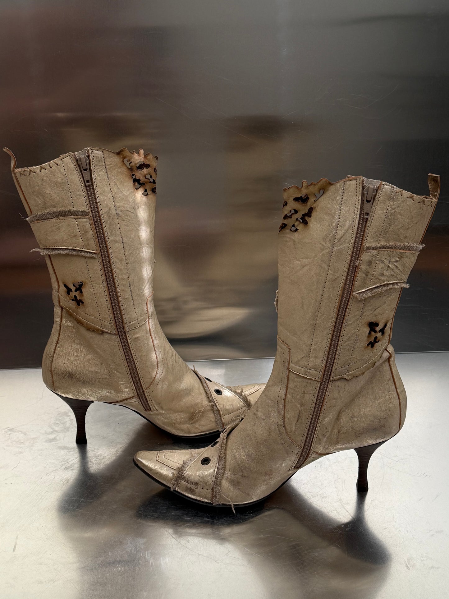 Vintage Unique Beige Leather Boots Made in Italy Twinkling Global