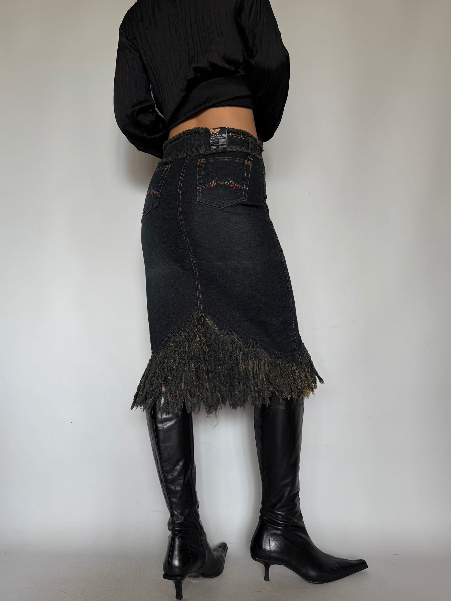 Vintage Denim Skirt with Fringe Hem Twinkling Global