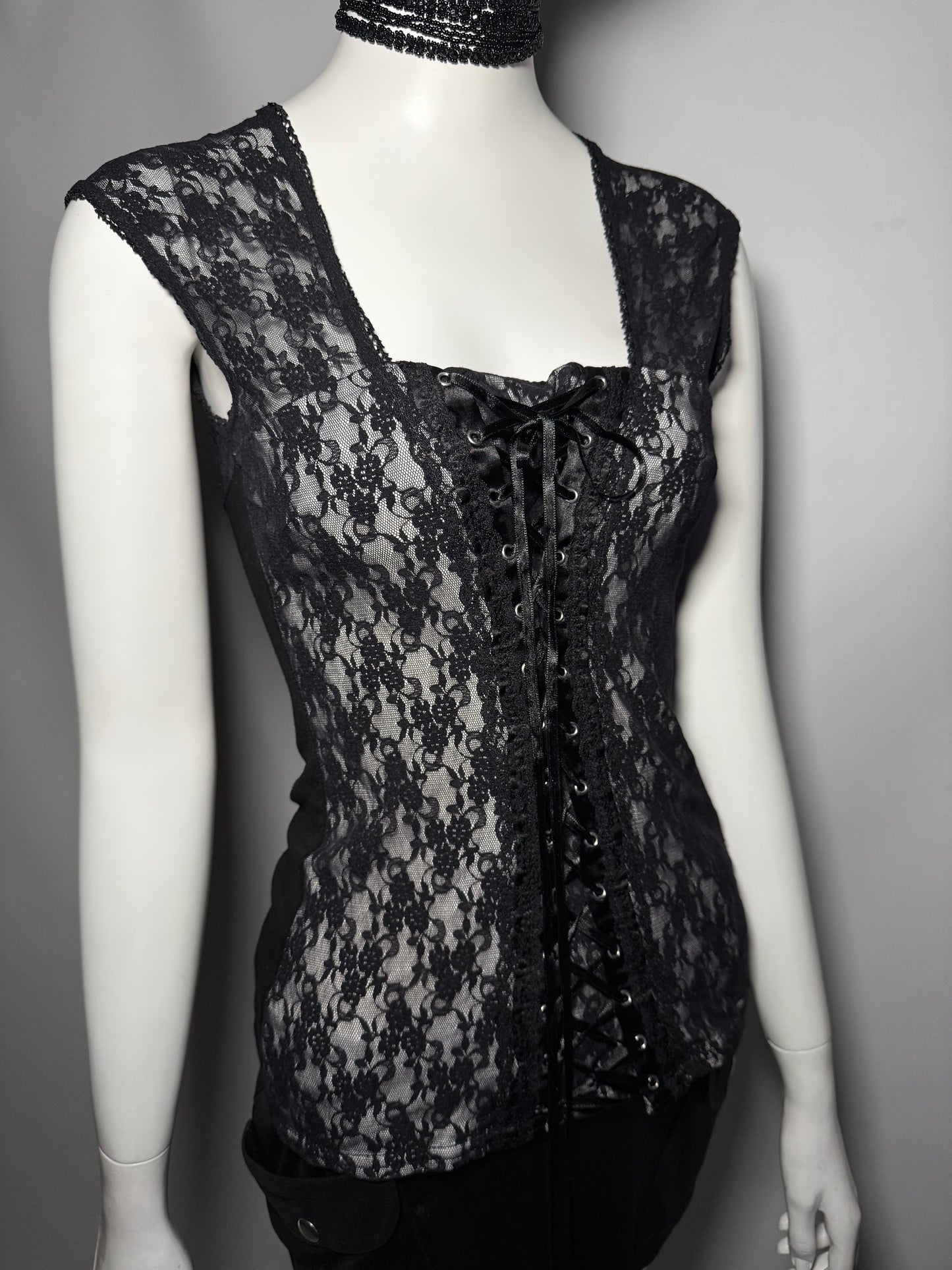 Gothic Black Lace Corset-Style Top with Front Lacing Twinkling