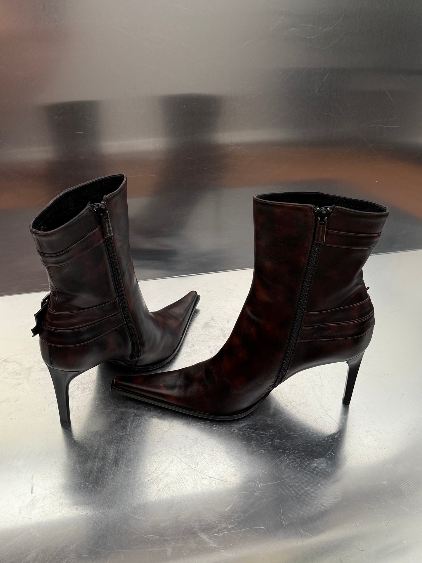 Vintage Brown Patterned Leather Ankle Boots Made in Italy Twinkling Global