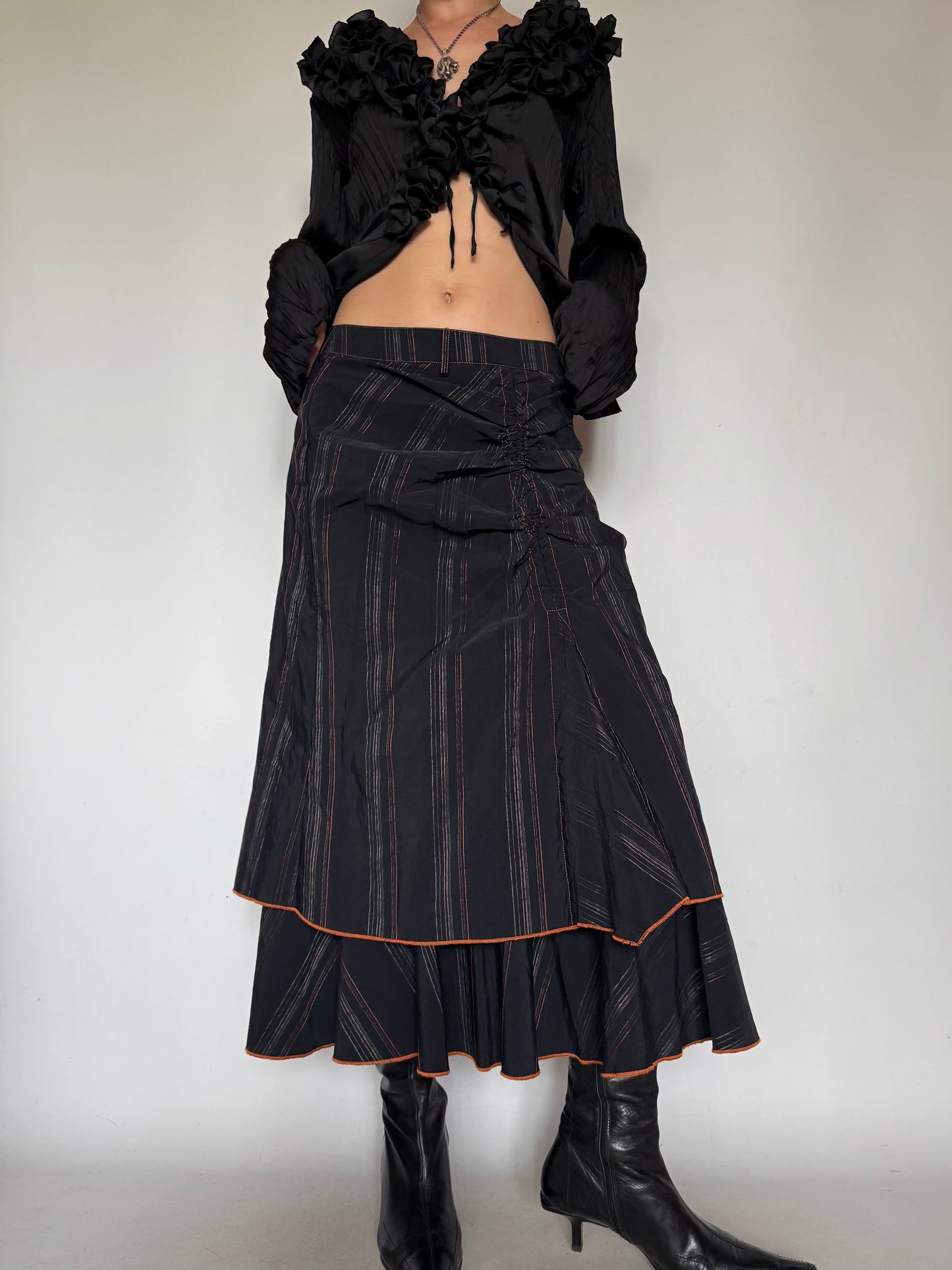 Vintage Black Striped Midi Skirt with Orange Hem Twinkling Global