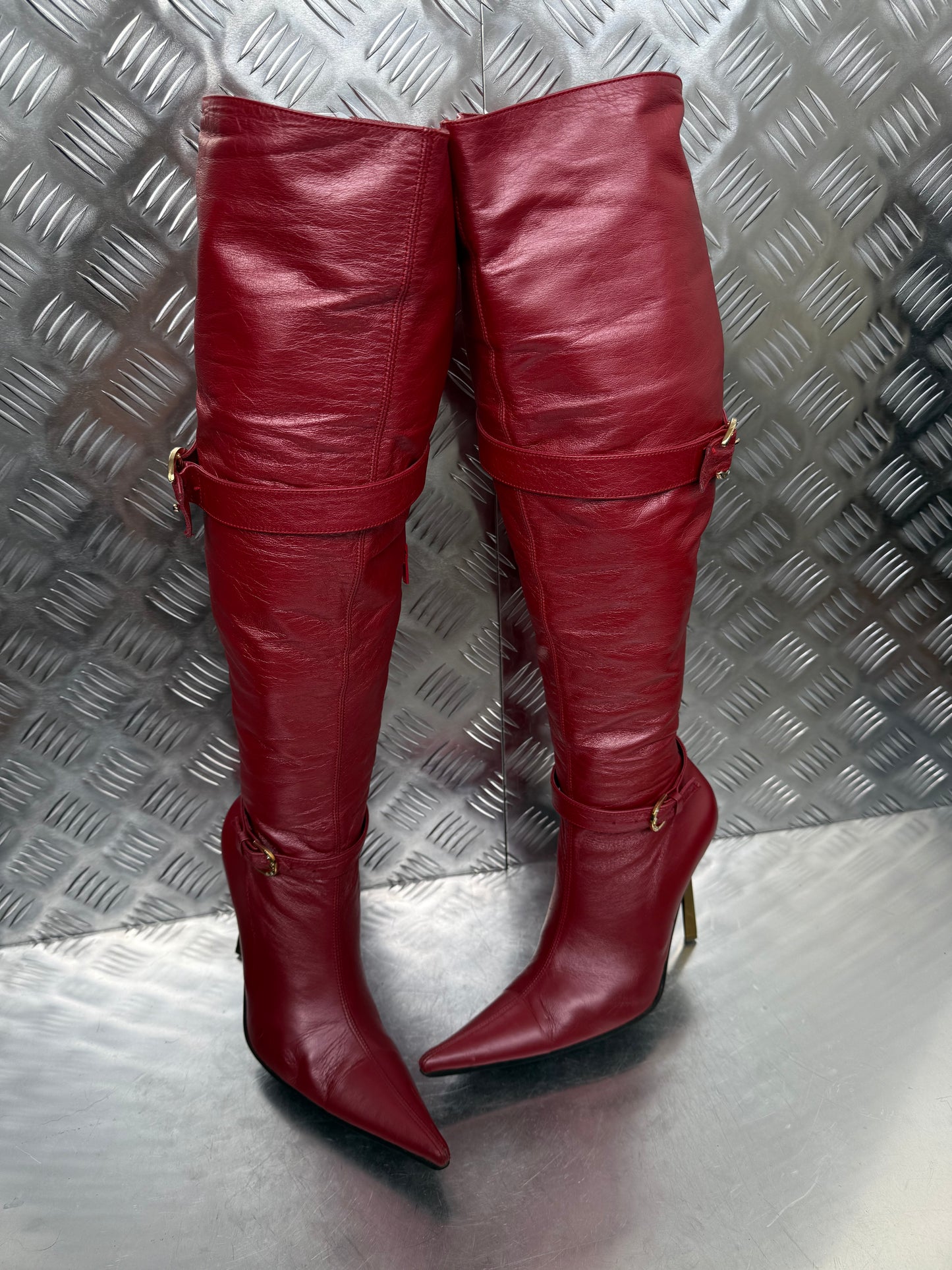 Vintage red leather over-the-knee boots with removable straps Twinkling Global