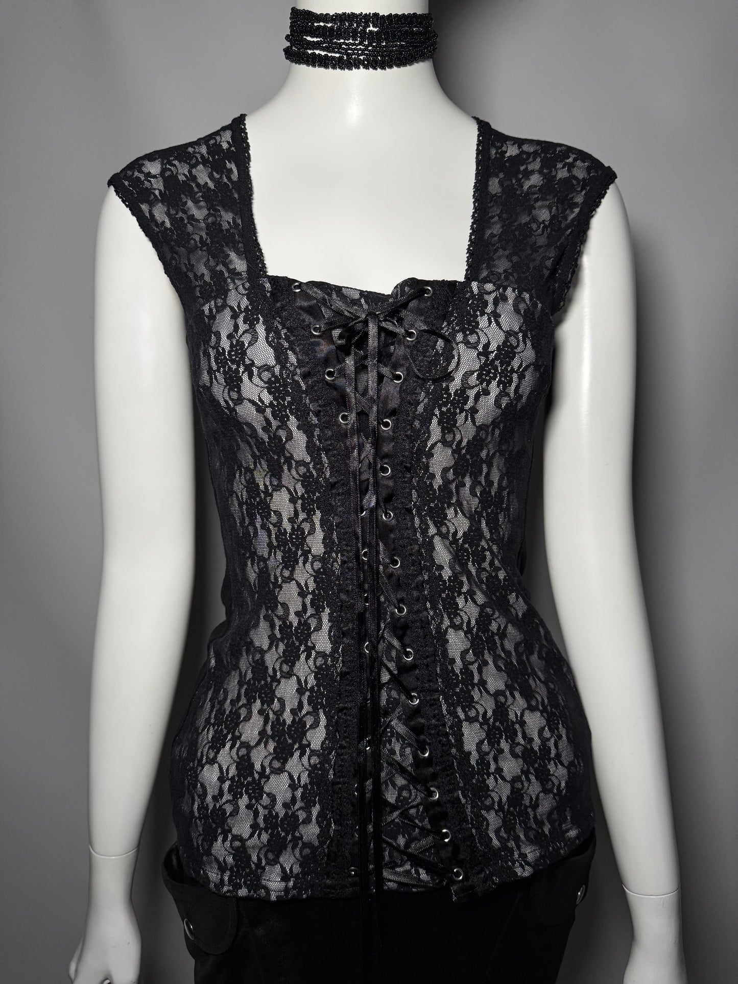 Gothic Black Lace Corset-Style Top with Front Lacing Twinkling