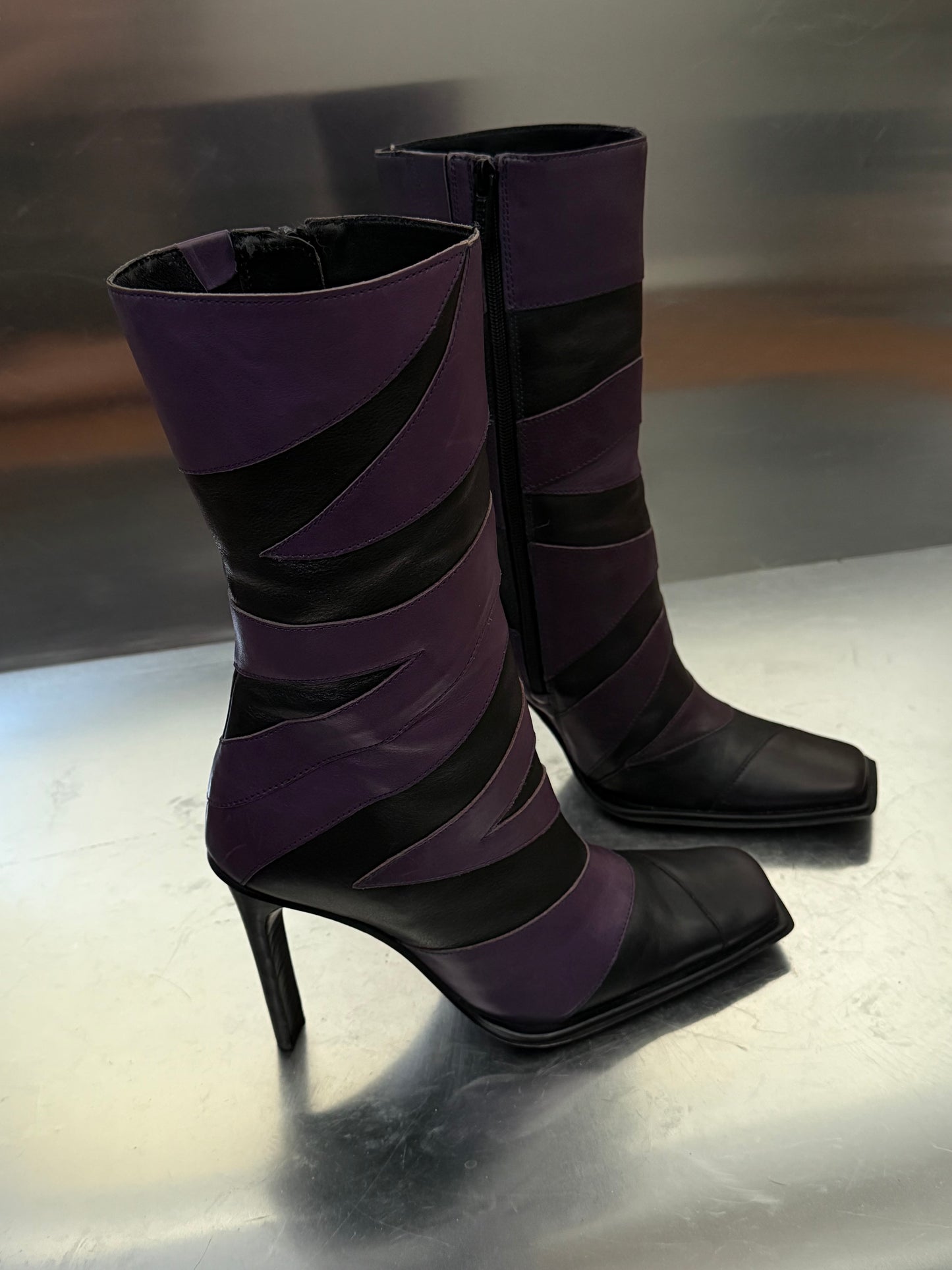 Vintage Black & Purple Leather High Boots Bronx Twinkling Global