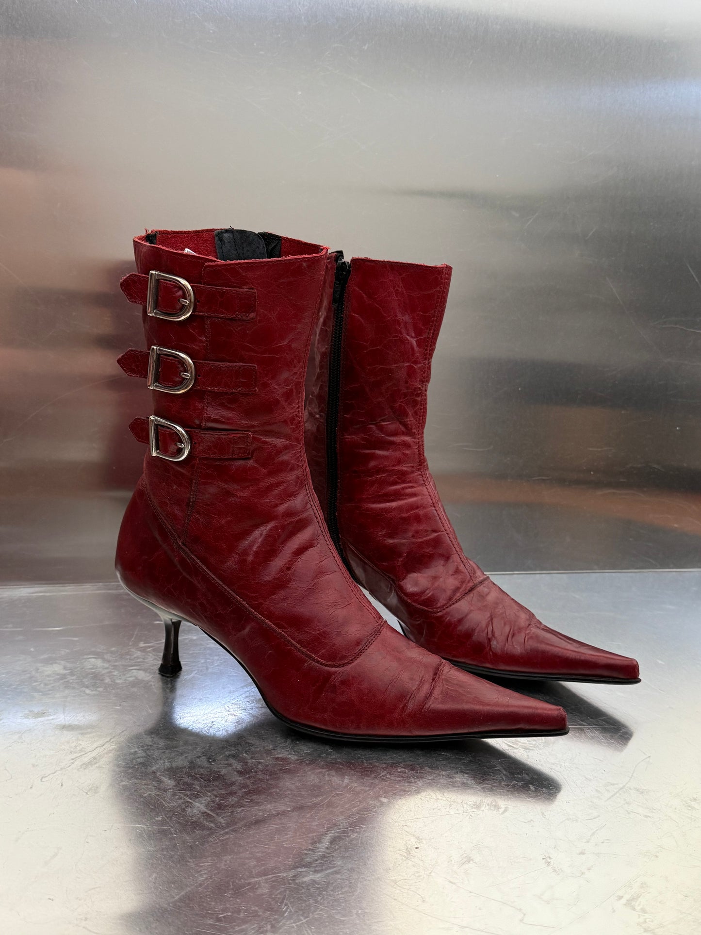 Vintage Red Leather Buffalo Heeled Boots Twinkling