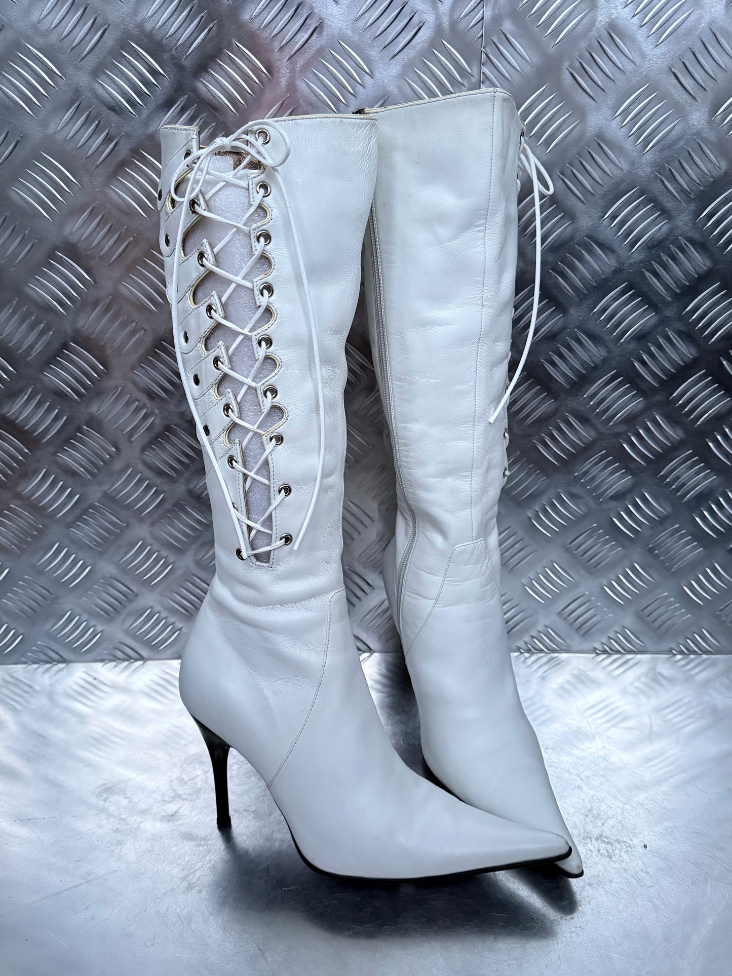 Vintage Italy White Leather Lace-Up Heeled Boots TWINKLING GLOBAL