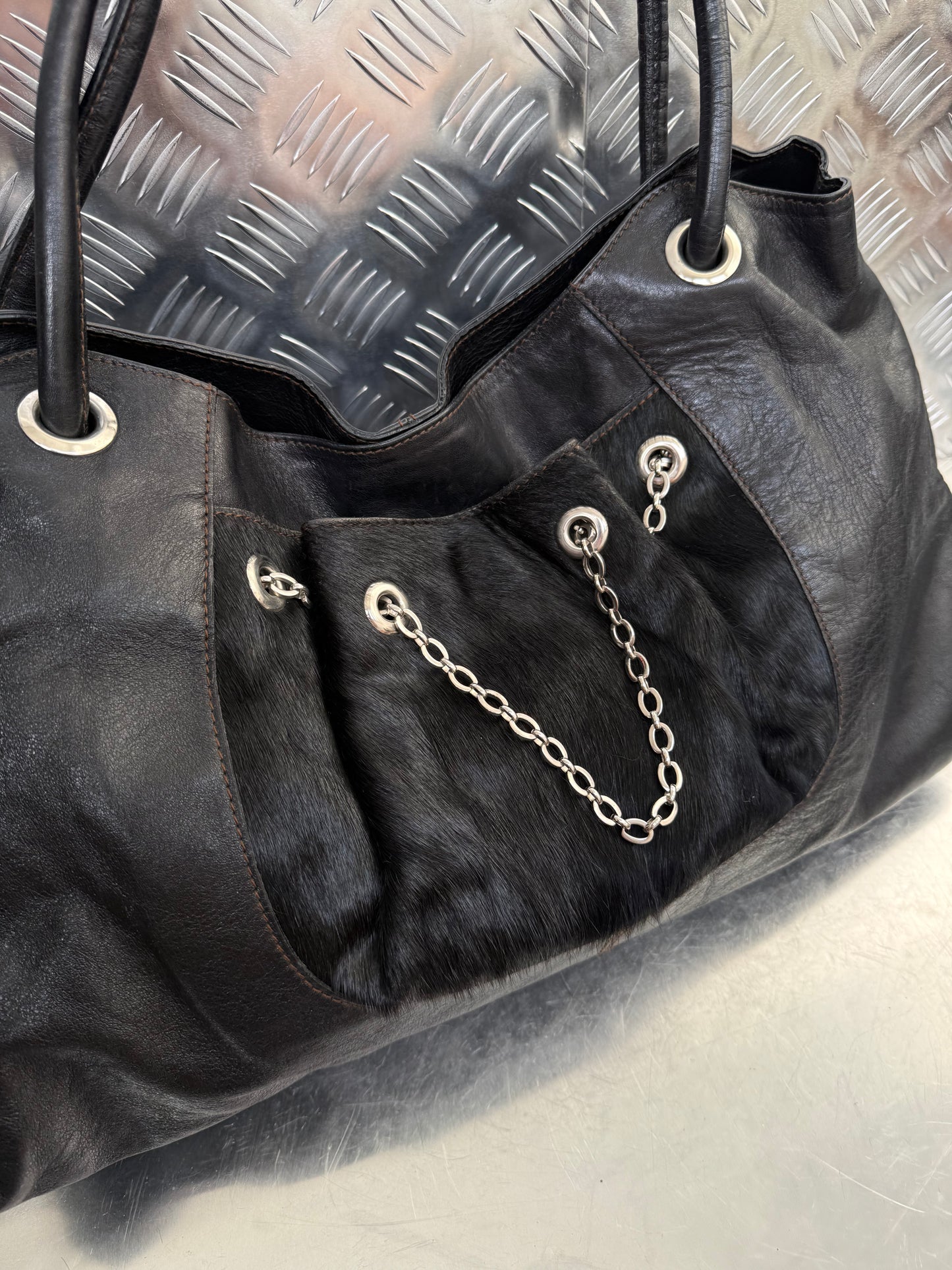 Vintage Furla Leather Bag with Pony Hair Detail Twinkling Global