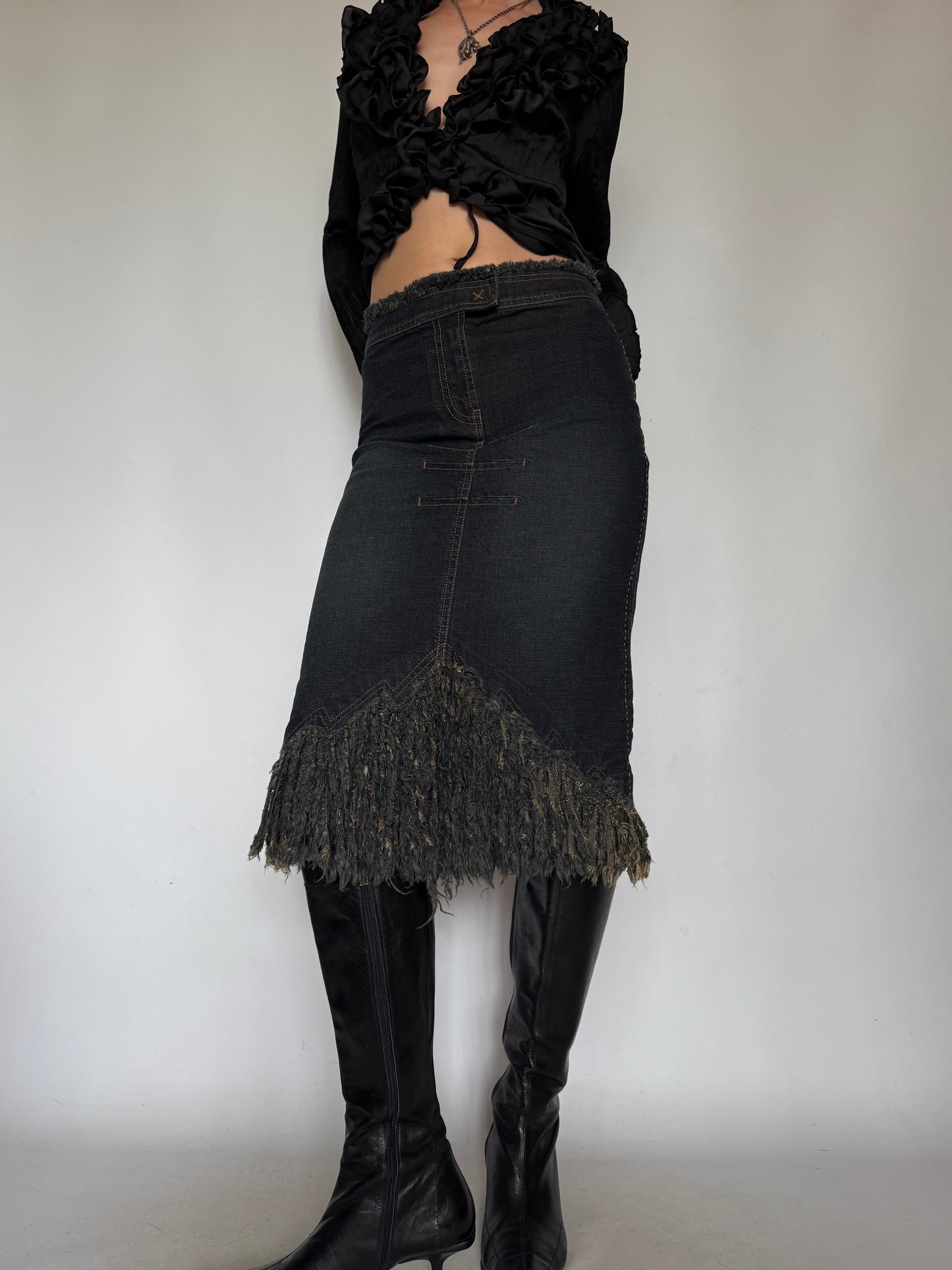 Vintage Denim Skirt with Fringe Hem Twinkling Global