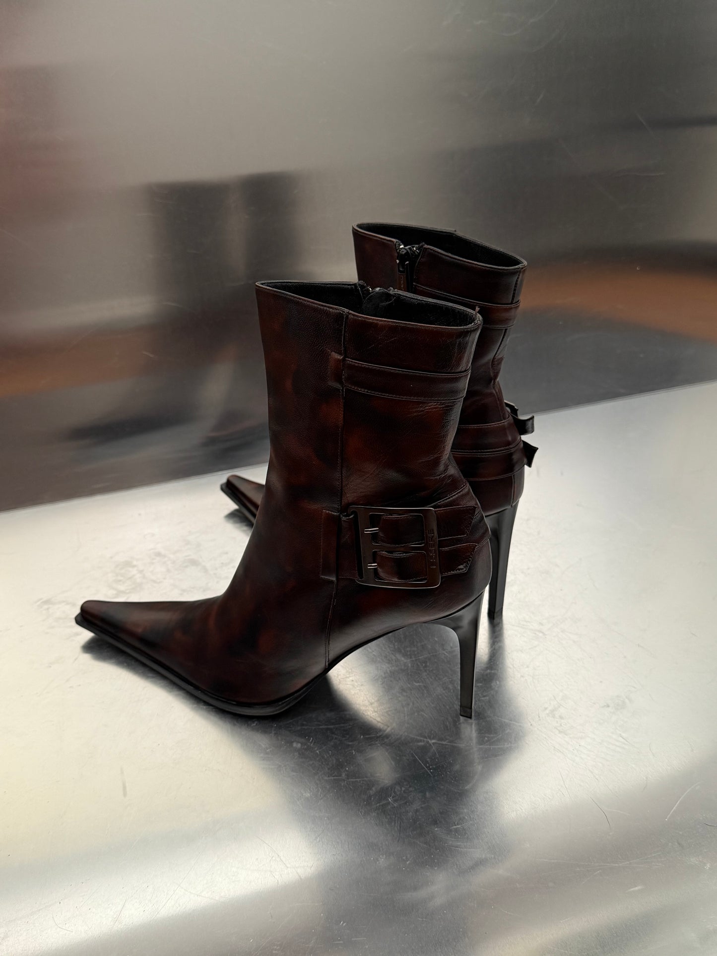 Vintage Brown Patterned Leather Ankle Boots Made in Italy Twinkling Global