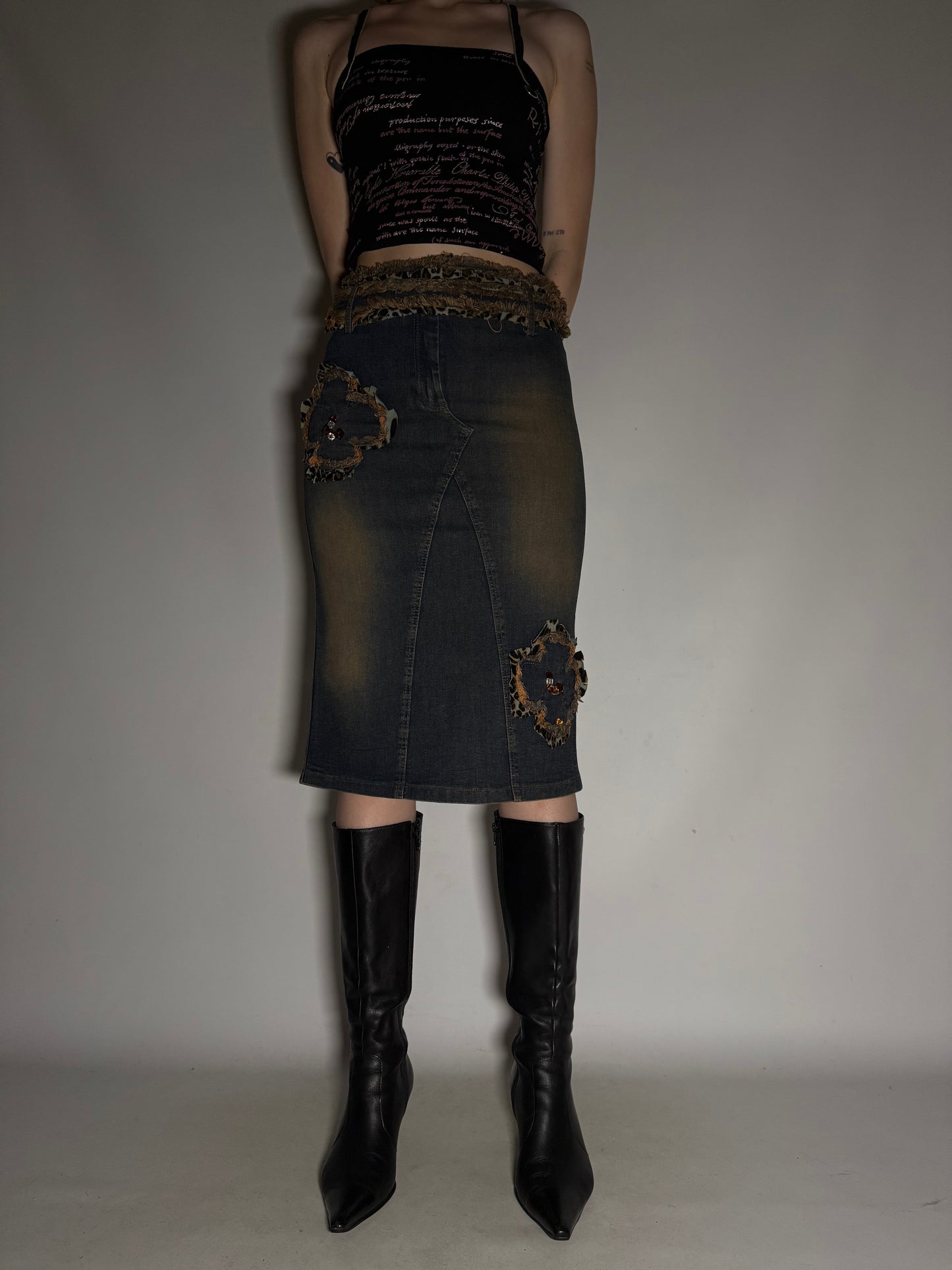 Y2K Leopard Patch Stretch Denim Pencil Skirt Twinkling
