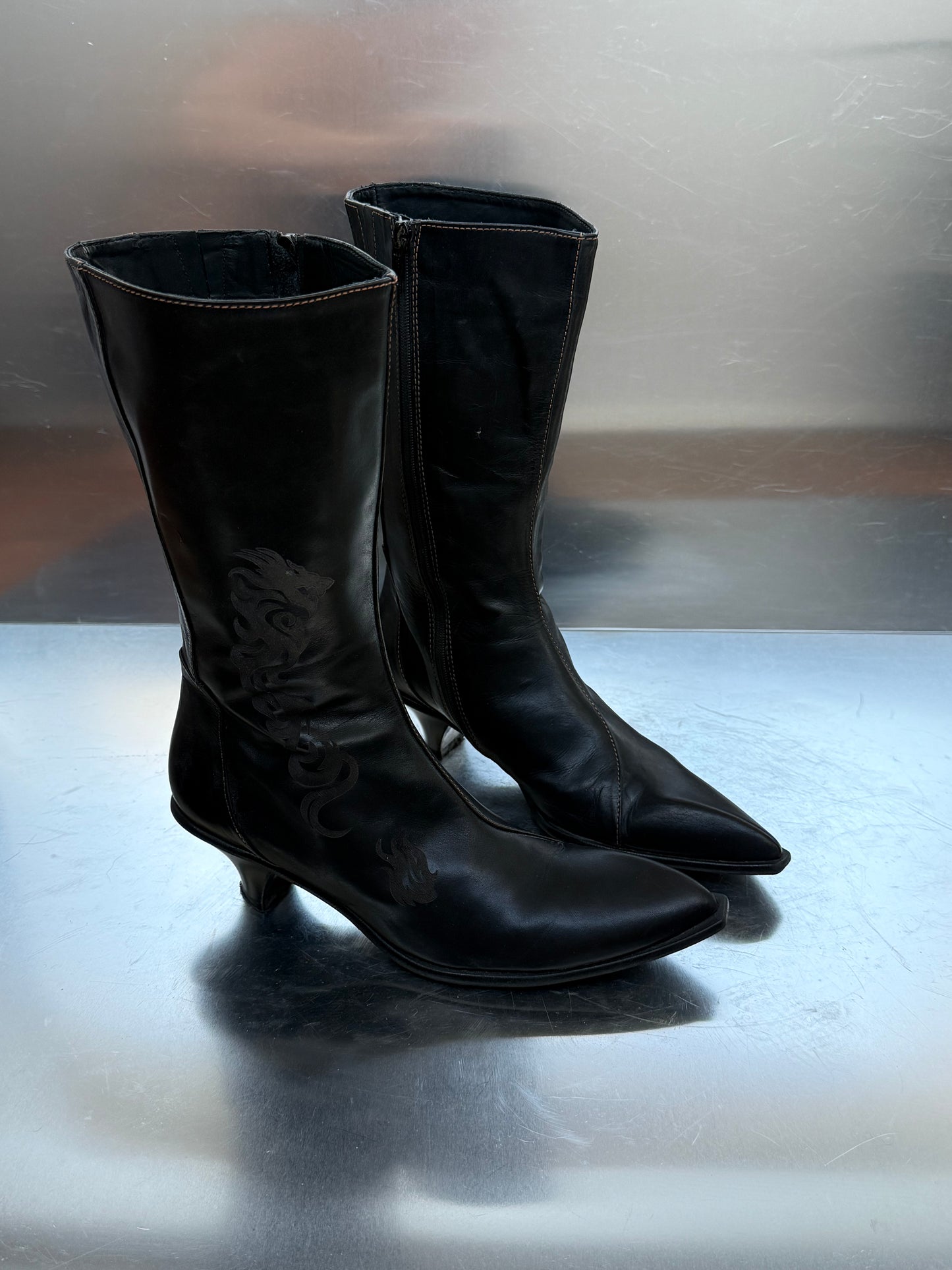 Vintage Black Leather Boots with Tribal Detail Twinkling Global