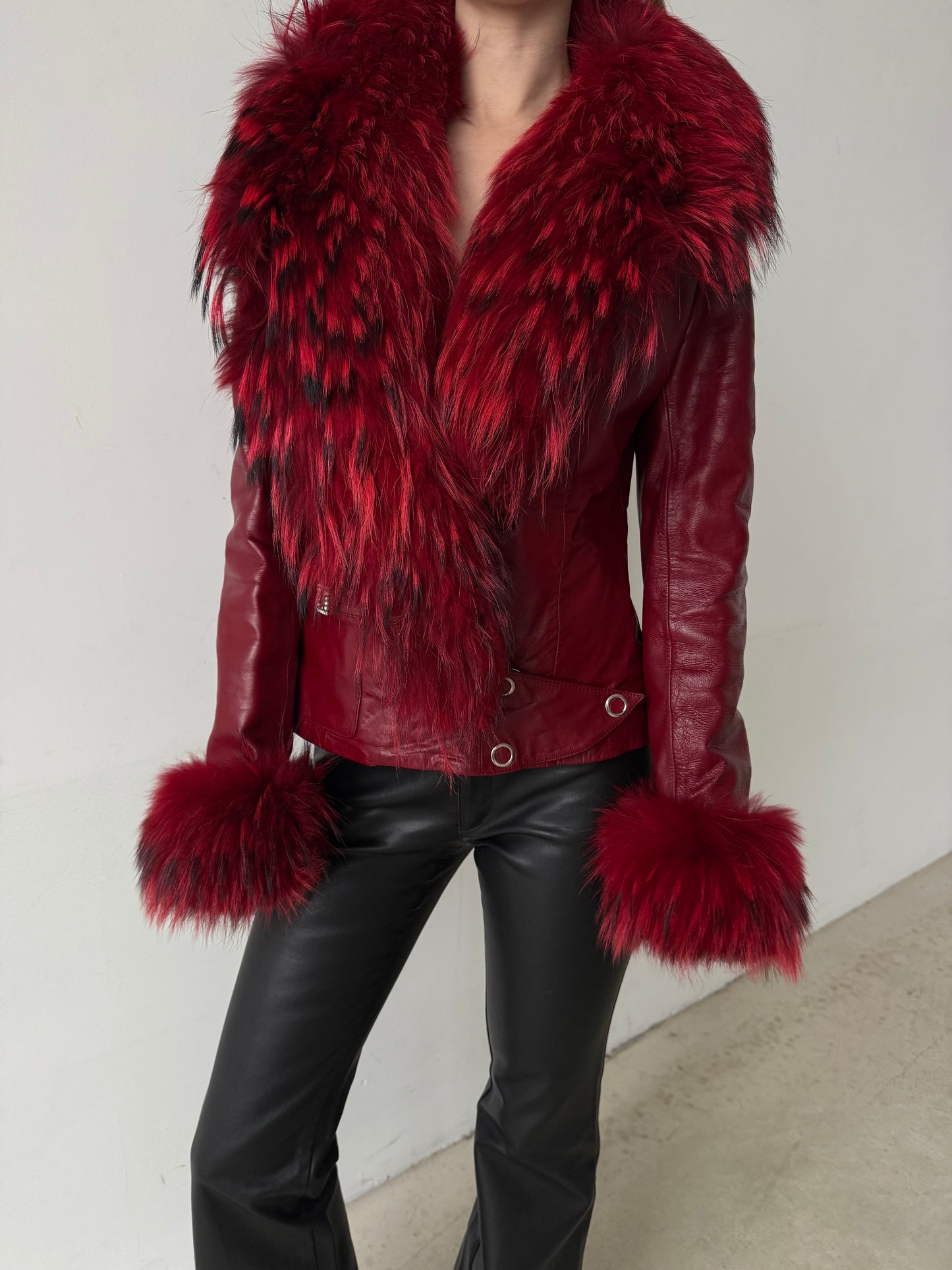 Vintage red leather jacket with luxurious natural fur details